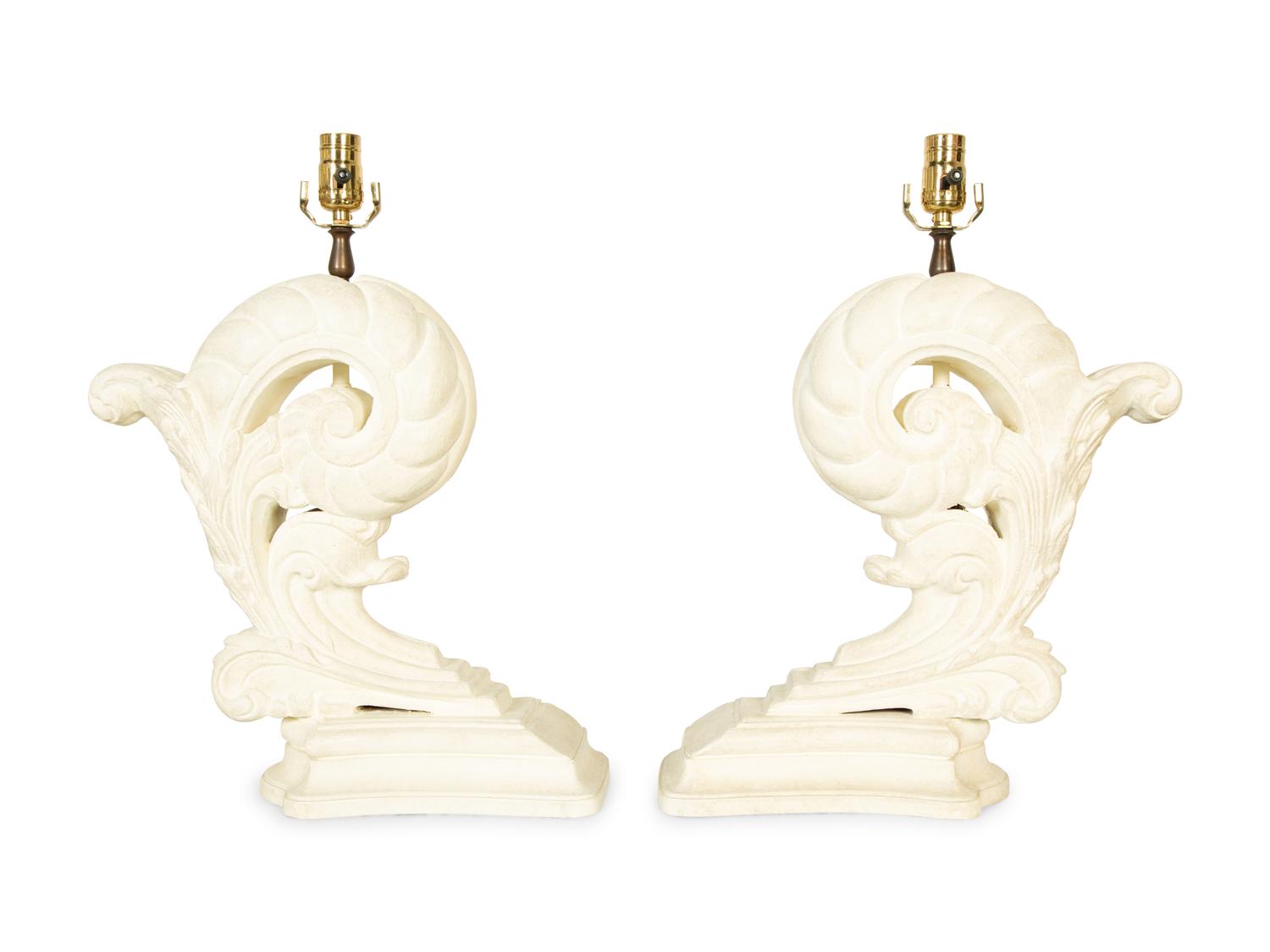 Two Pairs of White-Painted Carved Wood Lamps