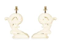 Two Pairs of White-Painted Carved Wood Lamps