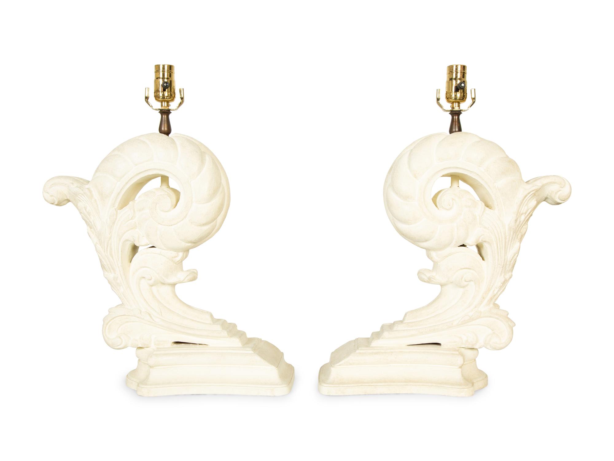 Two Pairs of White-Painted Carved Wood Lamps