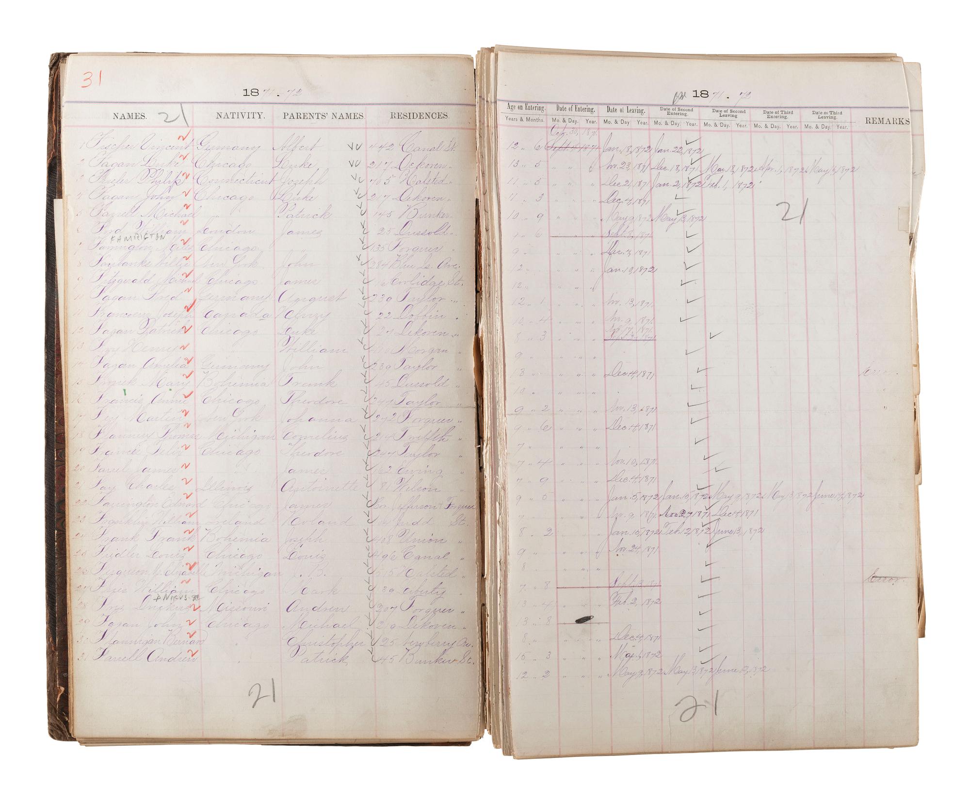 [CHICAGO FIRE]. Register of Admissions and Discharges in the Foster School, Chicago, Illinois, 1871-1872.
