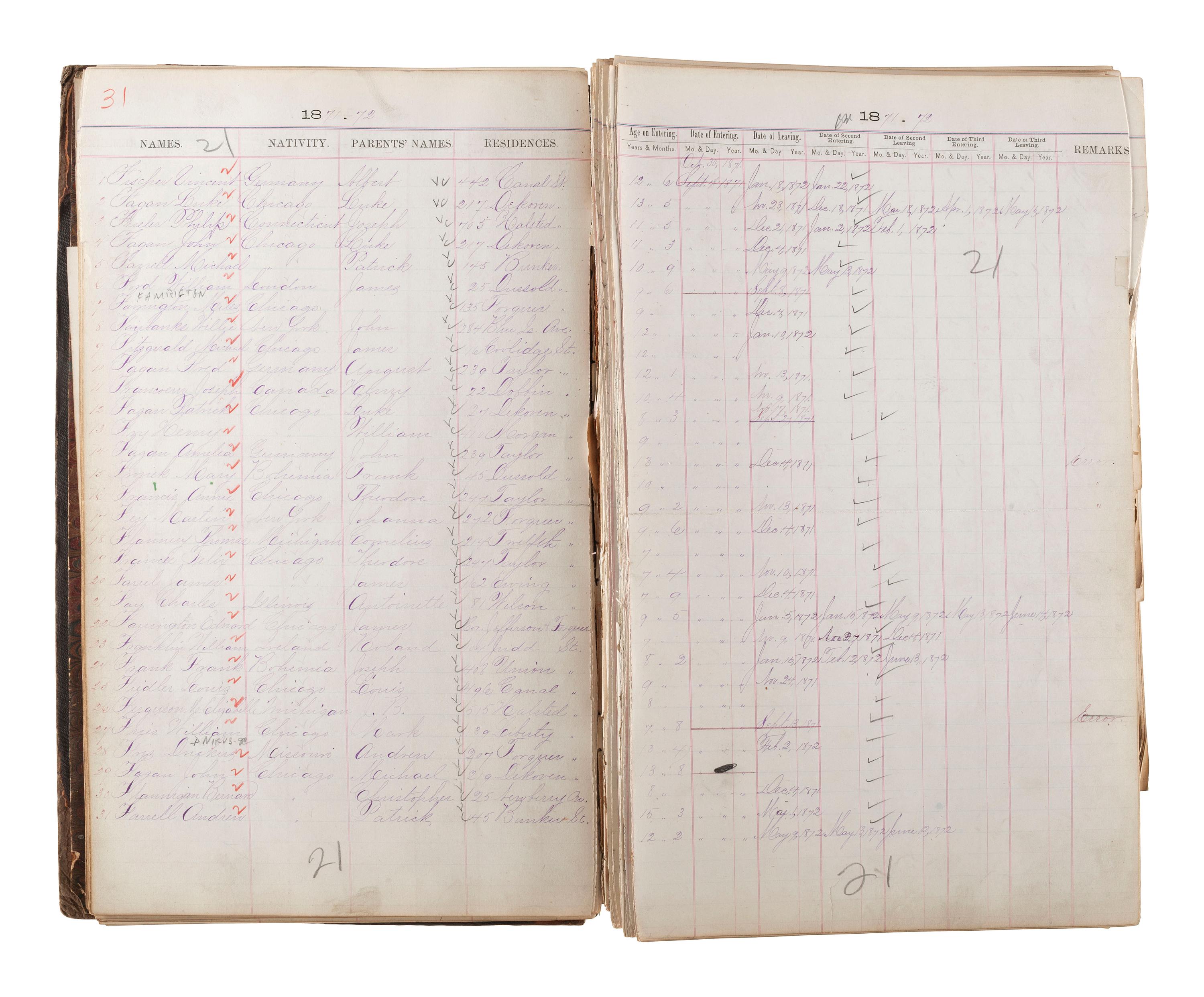 [CHICAGO FIRE]. Register of Admissions and Discharges in the Foster School, Chicago, Illinois, 1871-1872.