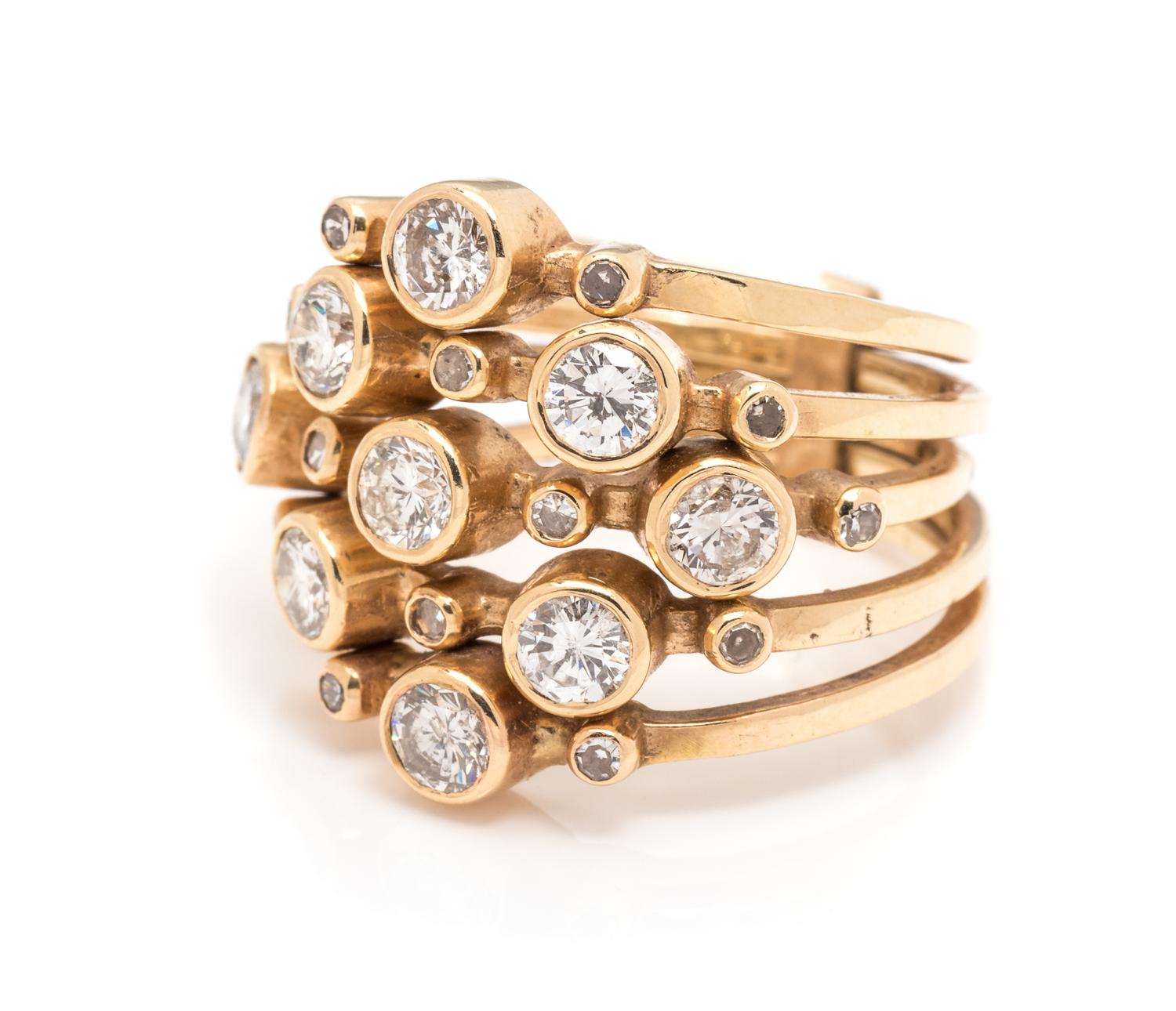 A Yellow Gold and Diamond Five Row Ring,