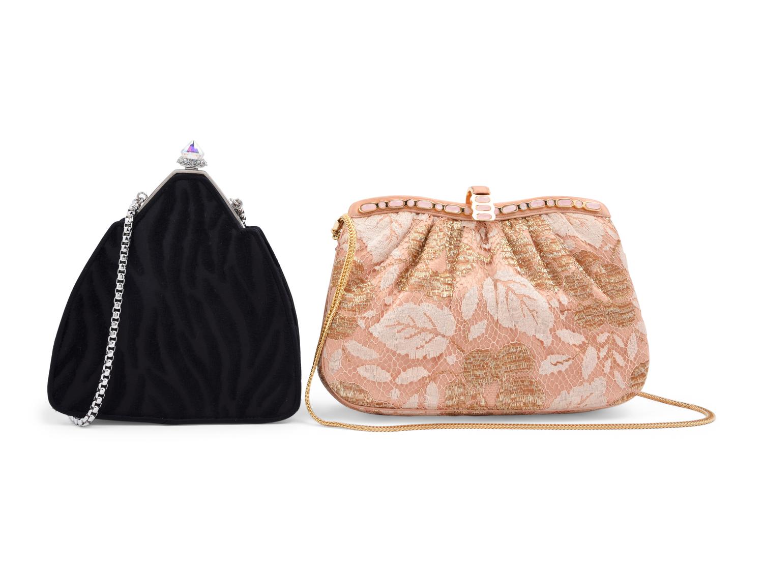 Two Judith Leiber Shoulder Bags: One Velvet and One Satin with Lace