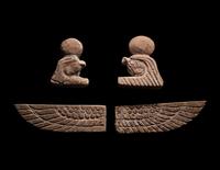 A Set of Four Sons of Horus, Two Scarab Wings, and Two Heads of Horus as a Falcon