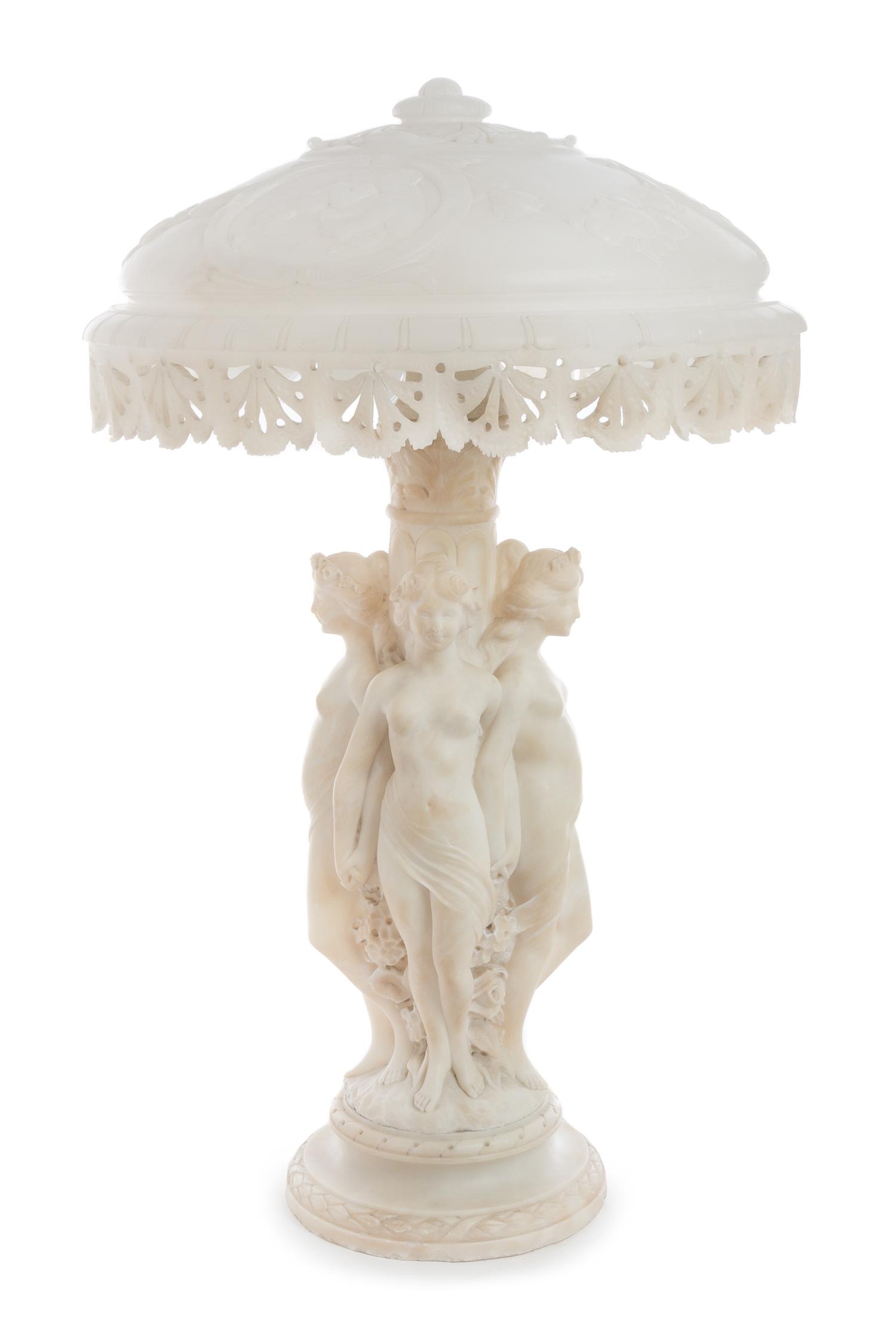 An Italian Alabaster Figural Lamp Height 28 x diameter of shade 17 inches. — 19TH/20TH CENTURY