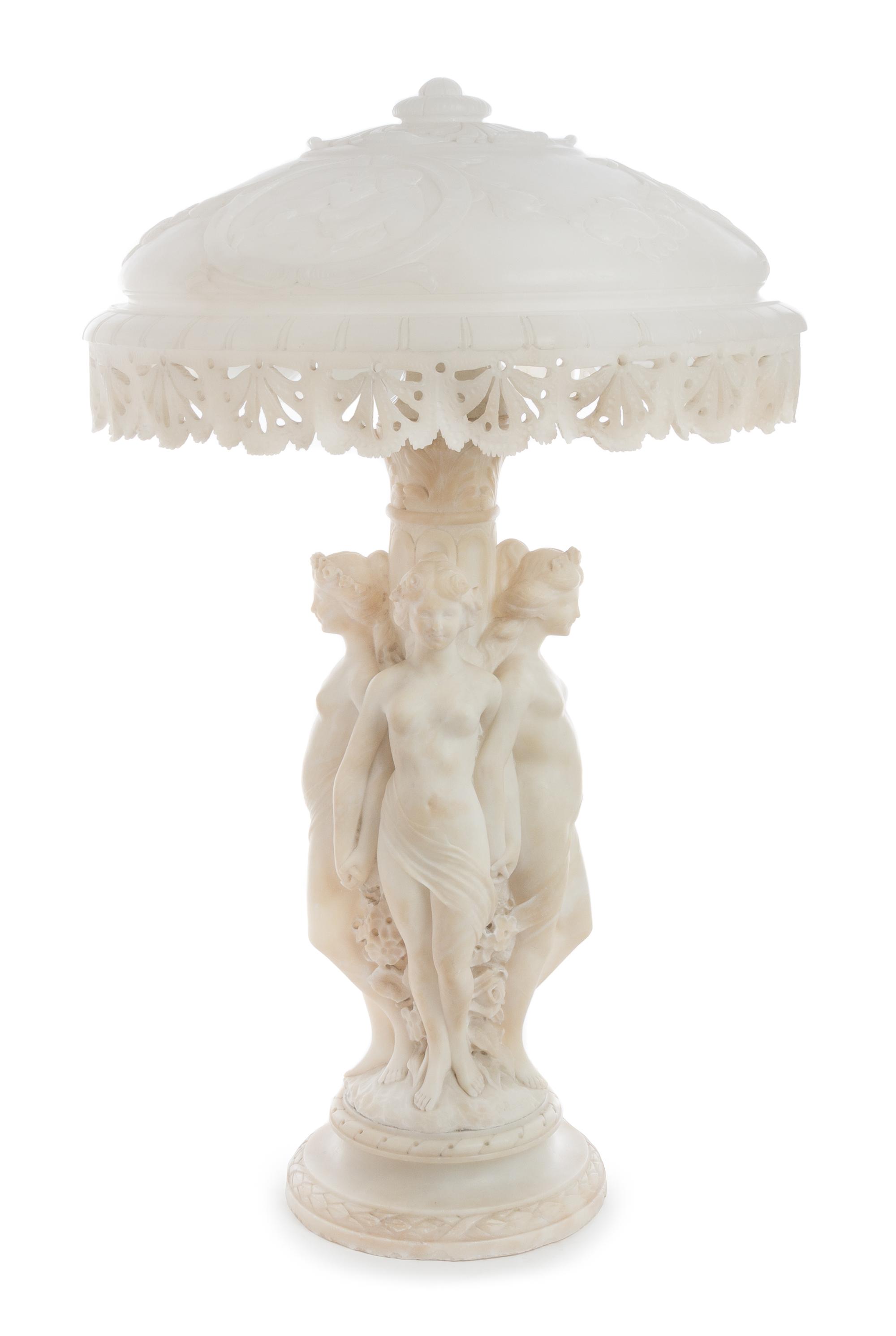 An Italian Alabaster Figural Lamp Height 28 x diameter of shade 17 inches. — 19TH/20TH CENTURY
