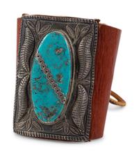 Navajo Stamped Silver and Turquoise Ketoh, with Repousse Accents