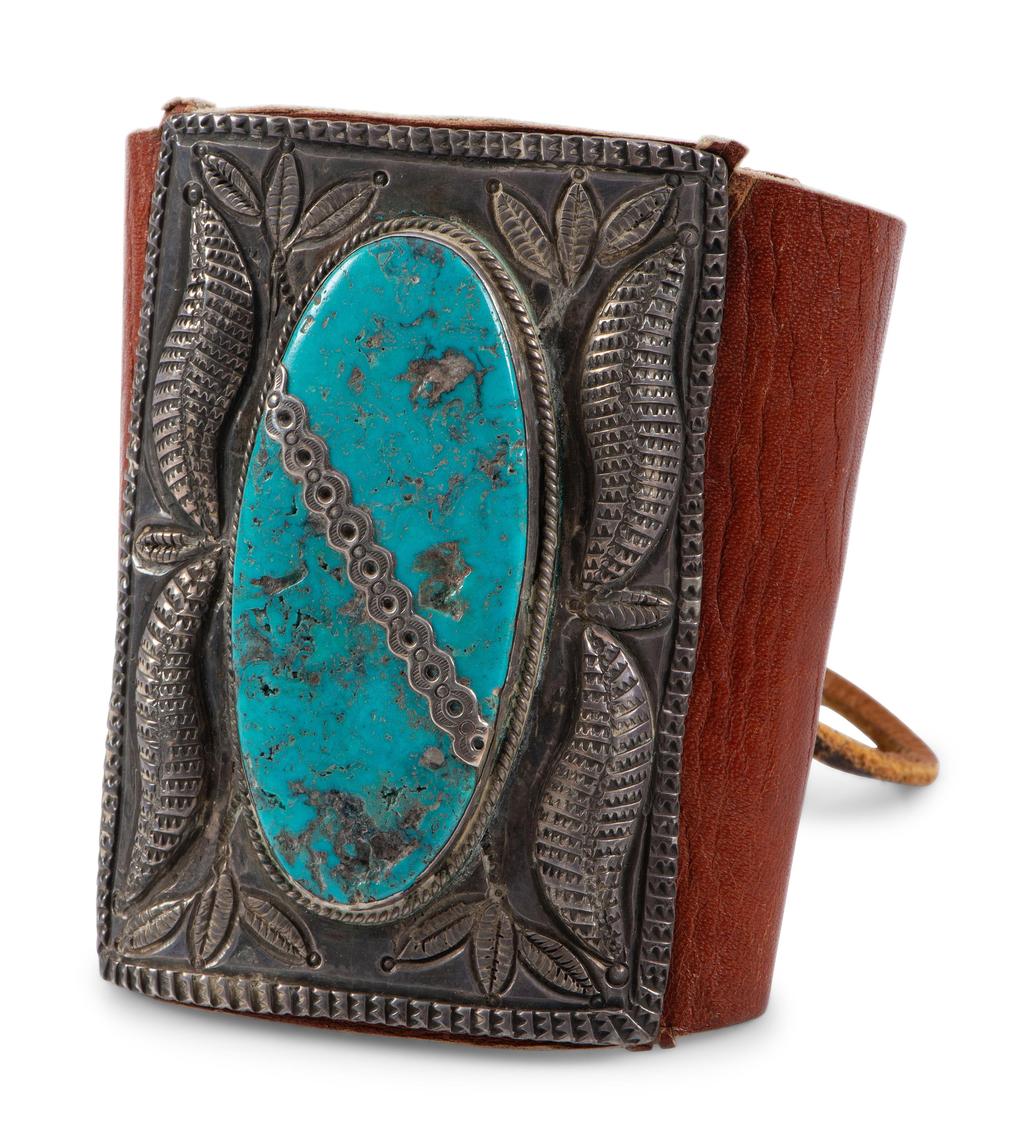 Navajo Stamped Silver and Turquoise Ketoh, with Repousse Accents
