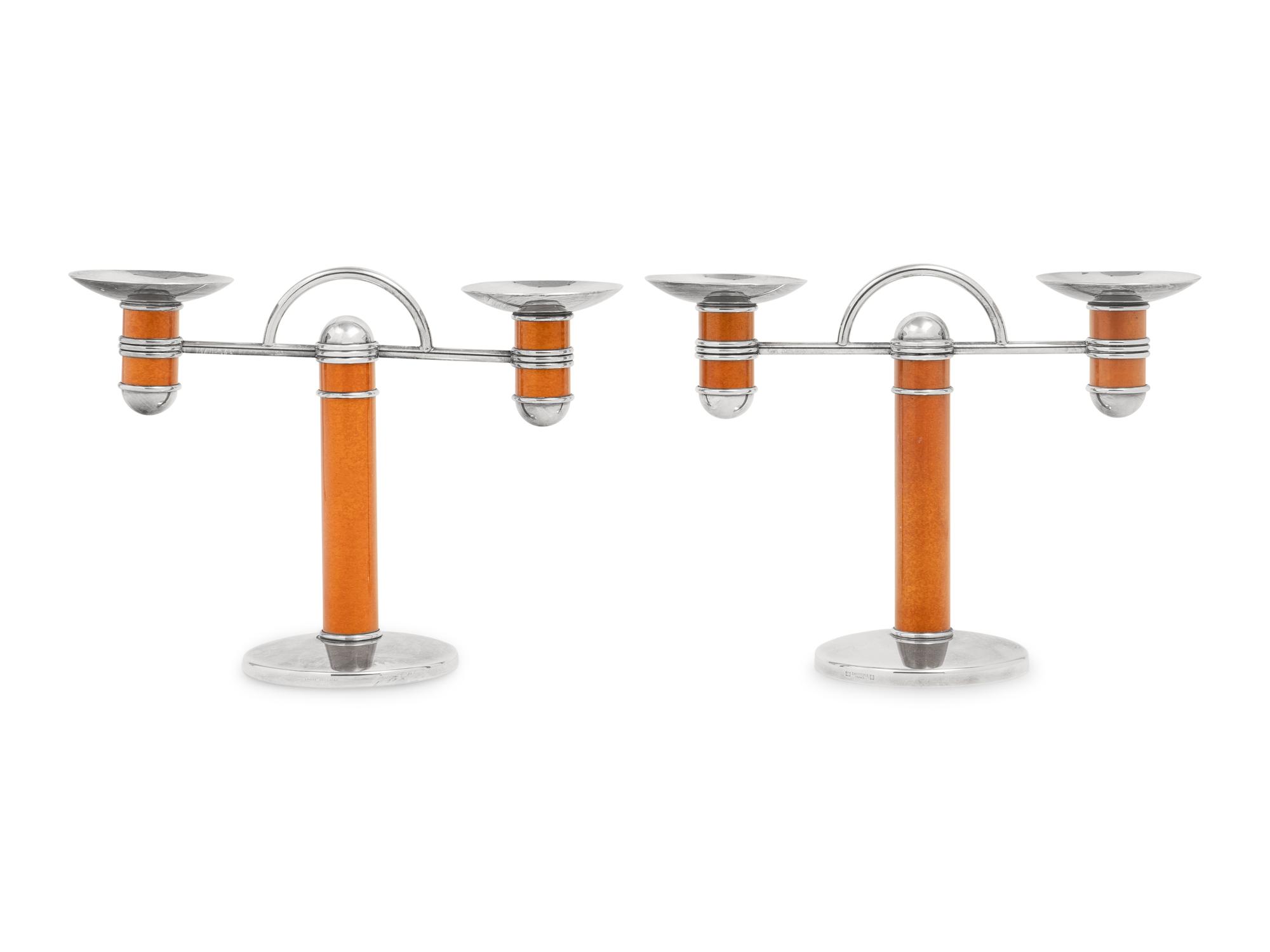 A Pair of Christofle Silver-Plate and Enamel Candelabra