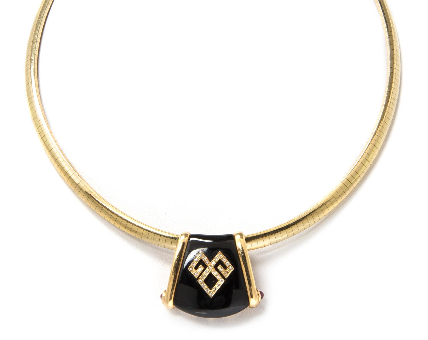 A Yellow Gold, Onyx, Diamond and Ruby Slide Pendant Necklace, 29.10 dwts.