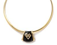 A Yellow Gold, Onyx, Diamond and Ruby Slide Pendant Necklace, 29.10 dwts.