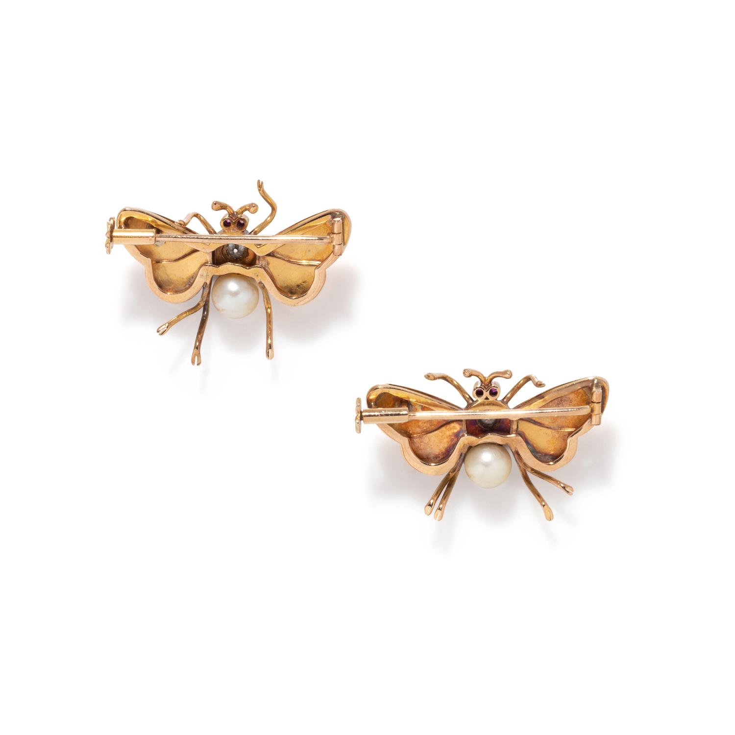 RETRO ROSE GOLD, PEARL AND DIAMOND INSECT BROOCHES