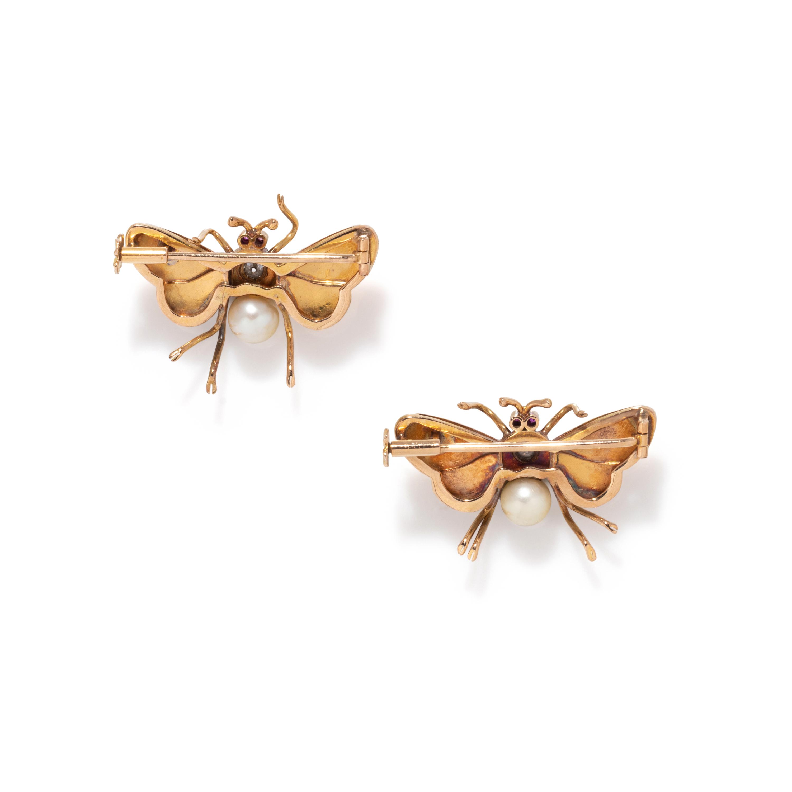 RETRO ROSE GOLD, PEARL AND DIAMOND INSECT BROOCHES
