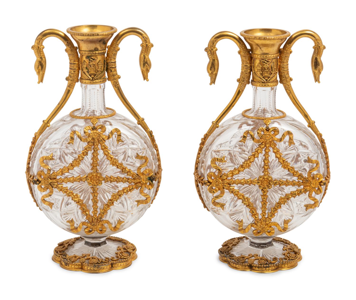 A Pair of French Gilt Bronze Mounted Cut Glass Decanters