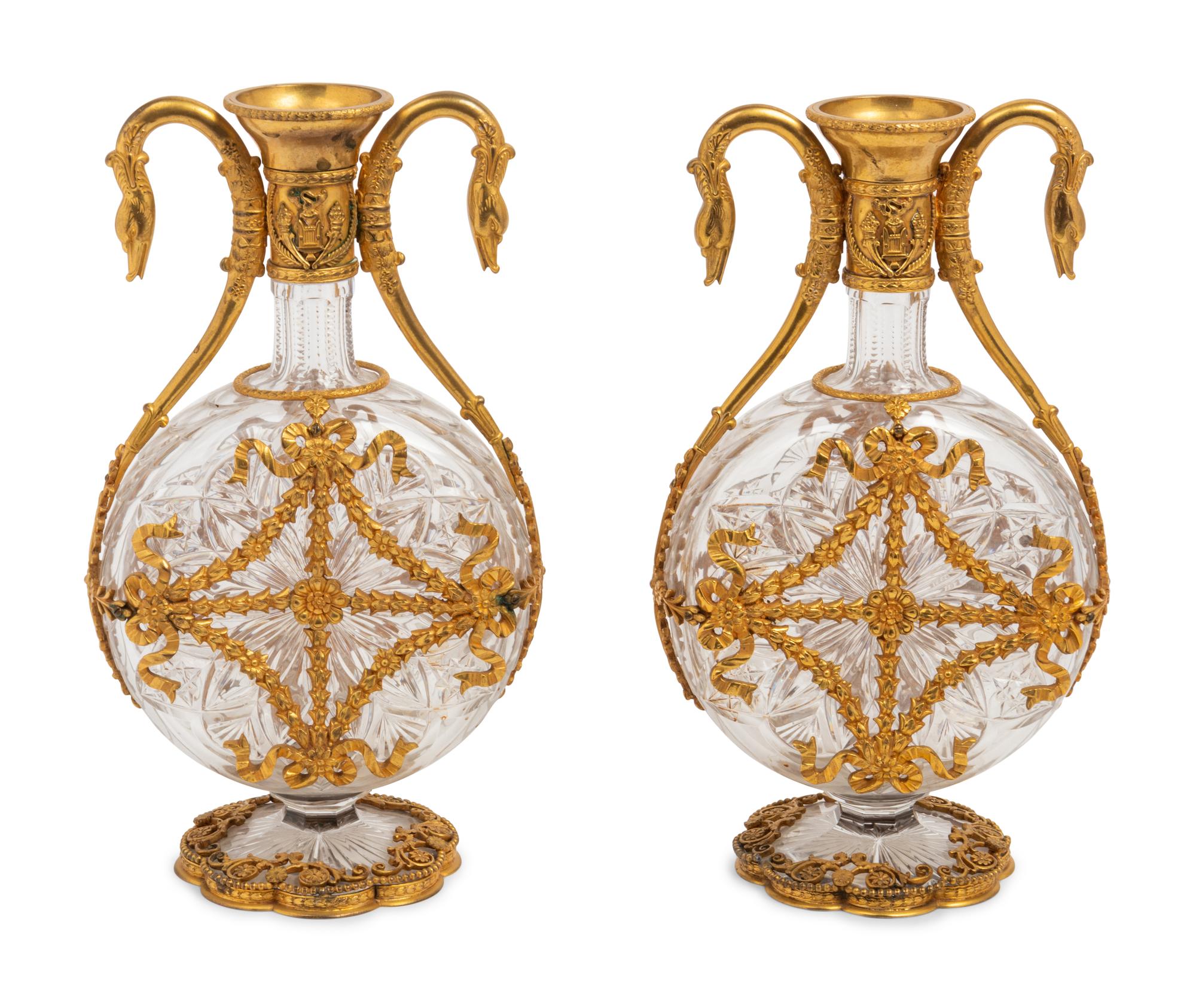 A Pair of French Gilt Bronze Mounted Cut Glass Decanters
