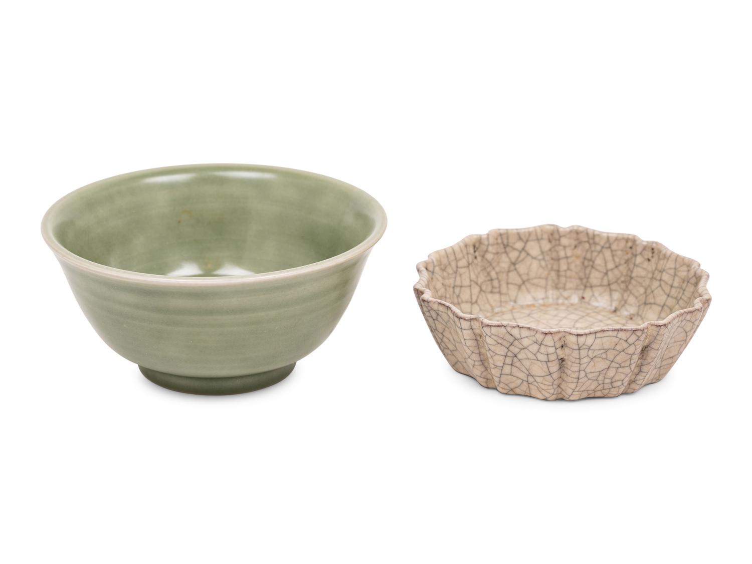 Two Chinese Monochrome Glazed Porcelain 'Foliate' Vessels