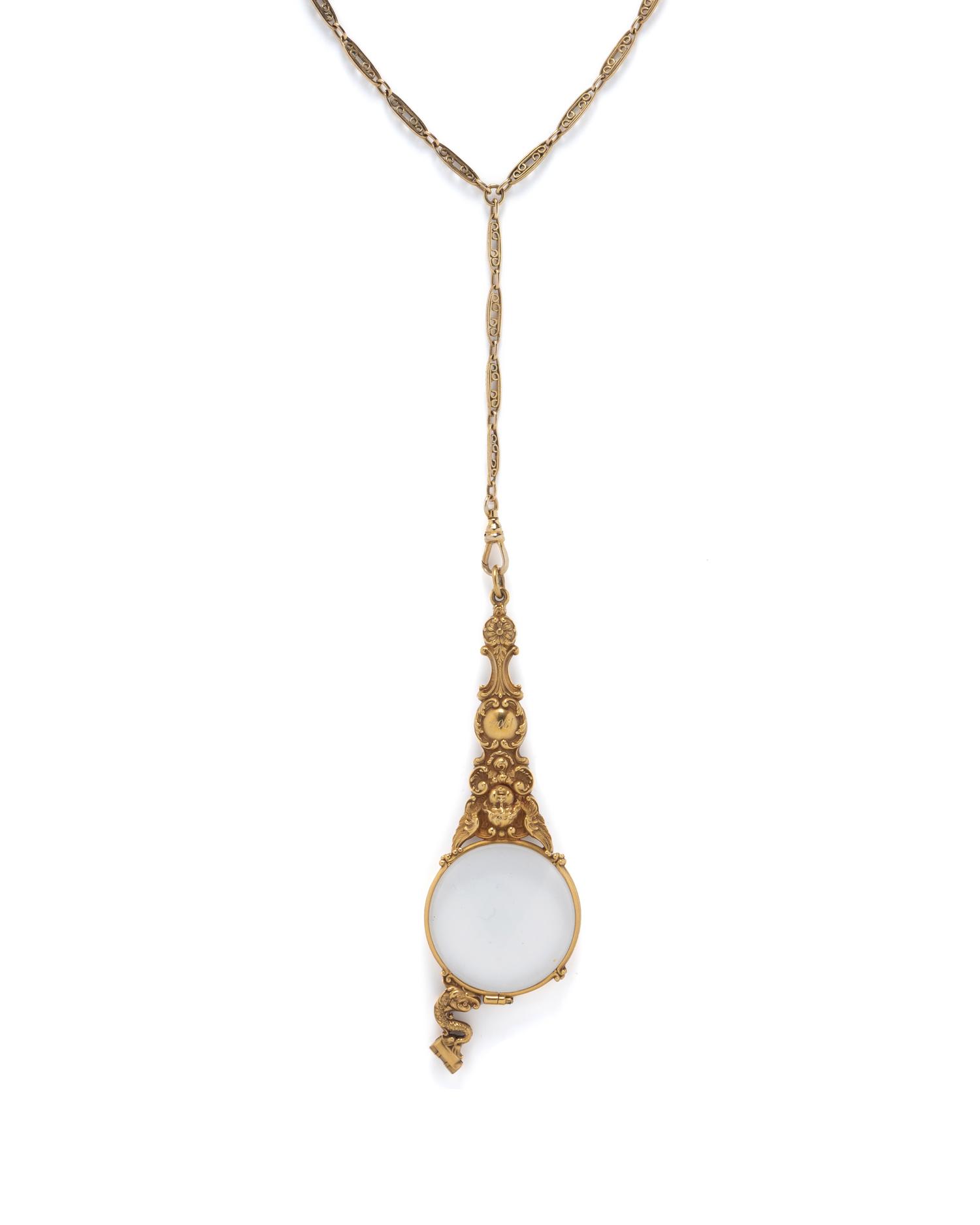 ART NOUVEAU, YELLOW GOLD LORGNETTE AND CHAIN