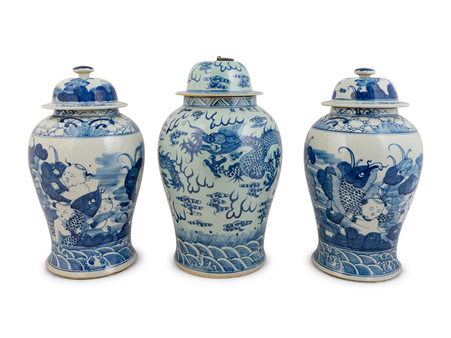Three Chinese Blue and White Porcelain Baluster Lidded Jars — 20TH CENTURY