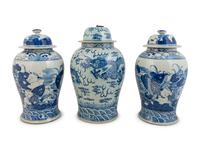 Three Chinese Blue and White Porcelain Baluster Lidded Jars — 20TH CENTURY