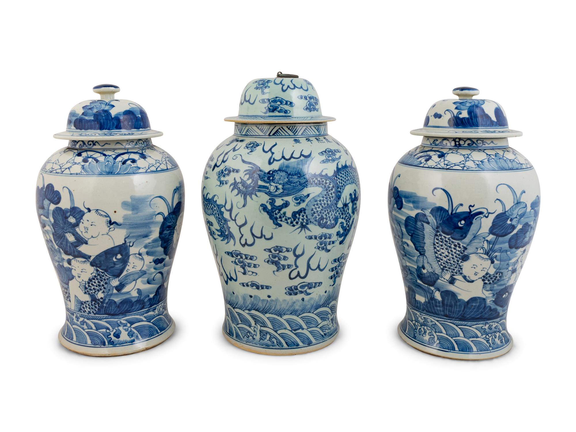 Three Chinese Blue and White Porcelain Baluster Lidded Jars — 20TH CENTURY