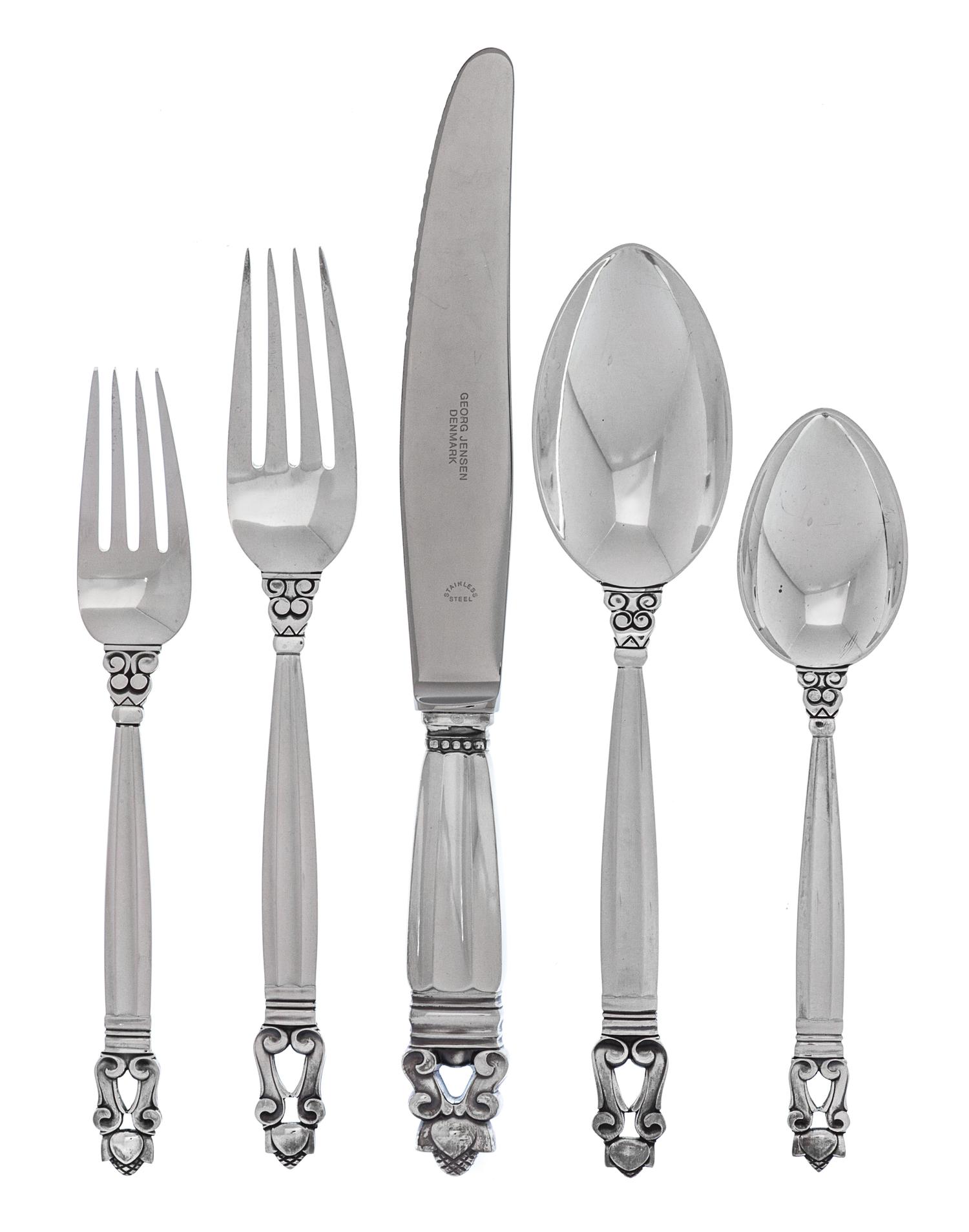 A Pair of Danish Flatware Place Settings, Georg Jensen Silversmithy, Copenhagen, 1945-77, Acorn pattern, comprising: 2 dinner knives 2