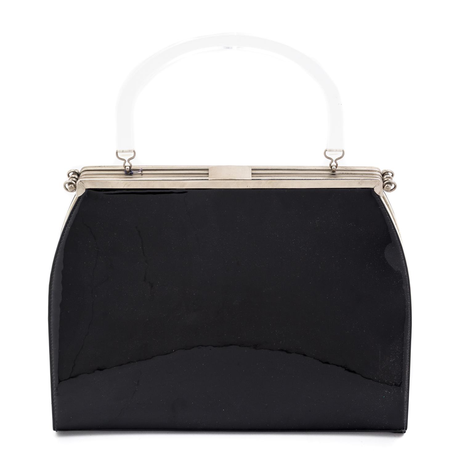 A Black Patent Three Way Reversible Handbag, 12.5" x 9" x 3.5".