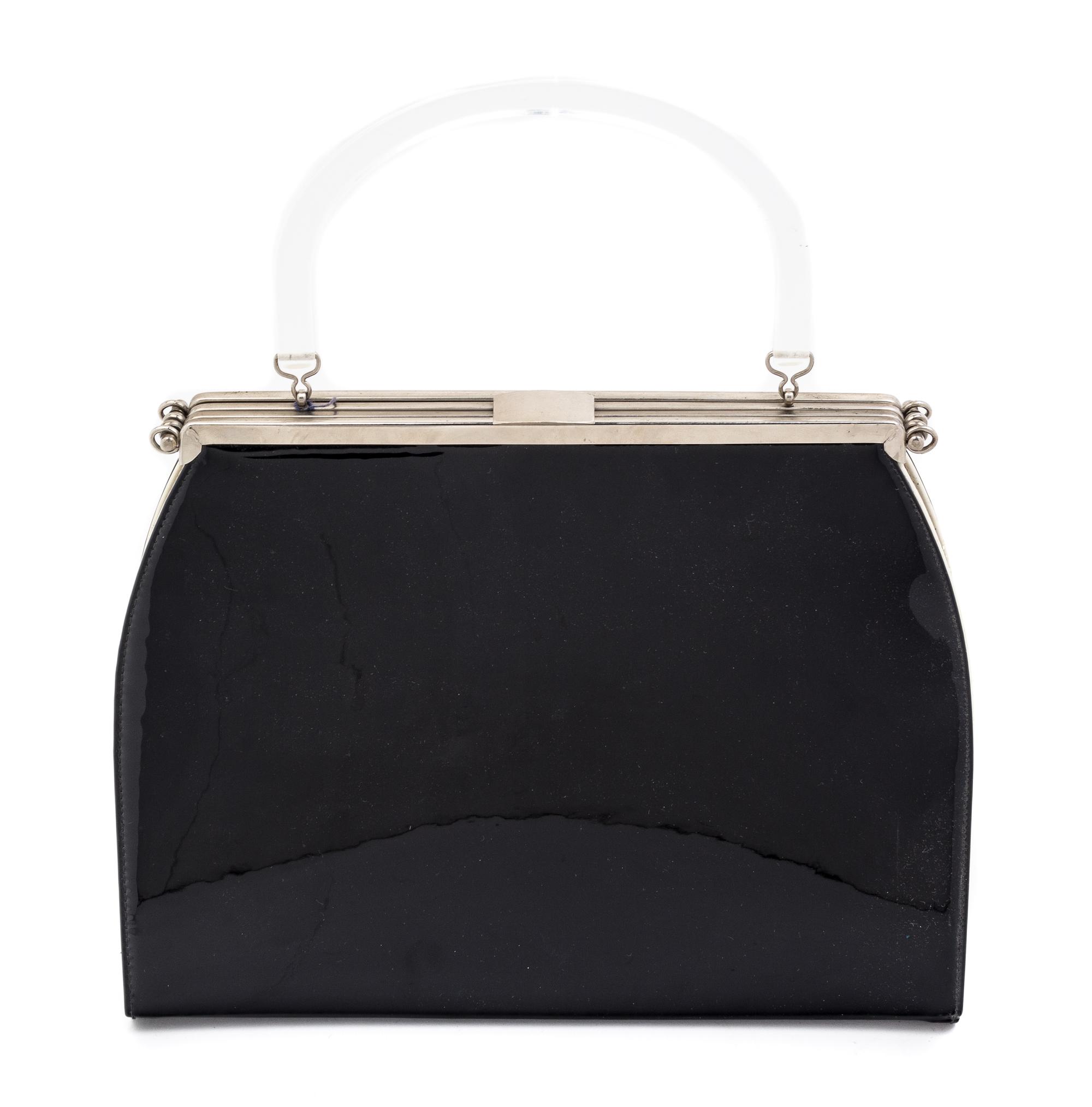 A Black Patent Three Way Reversible Handbag, 12.5" x 9" x 3.5".