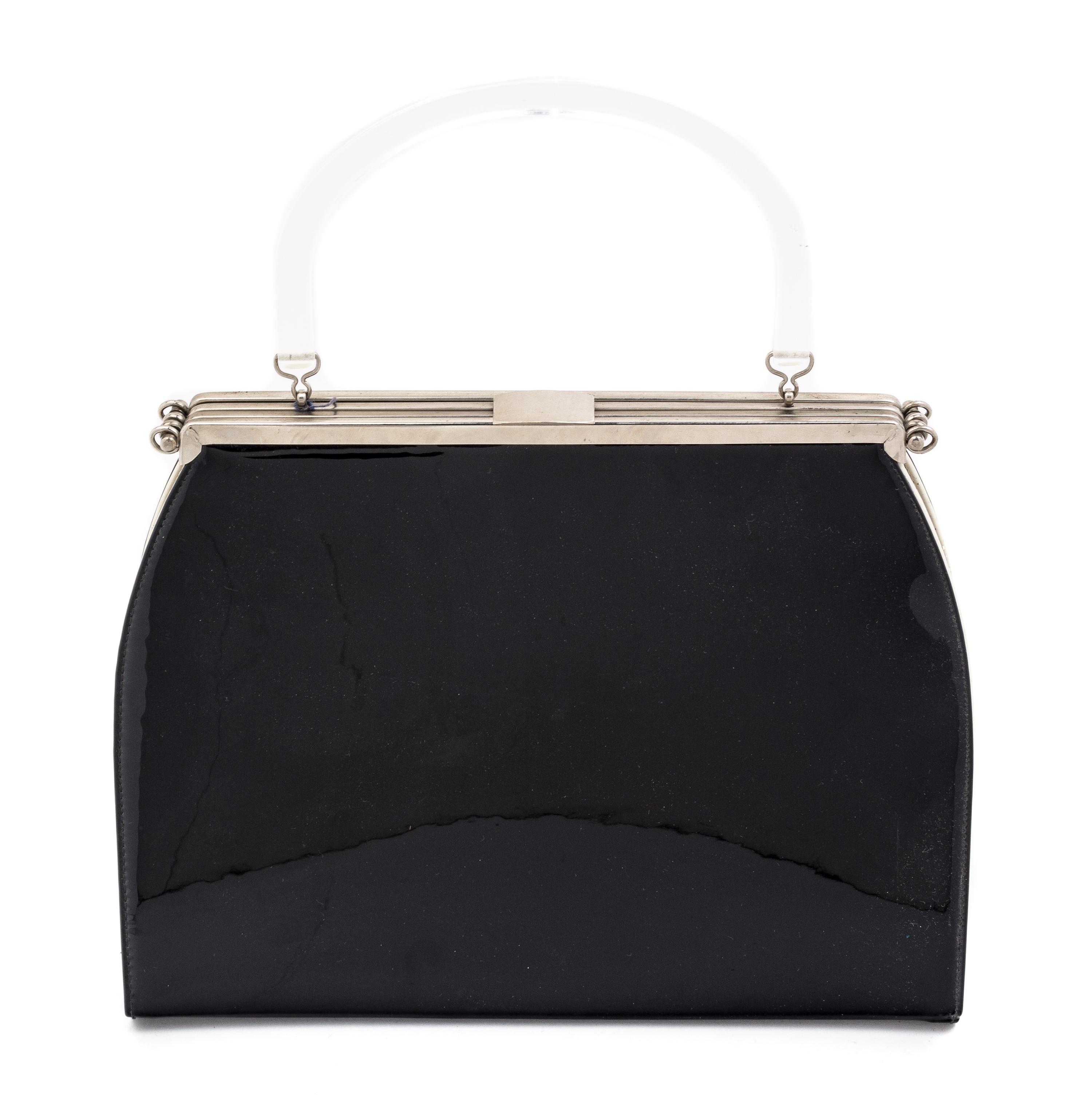 A Black Patent Three Way Reversible Handbag, 12.5" x 9" x 3.5".