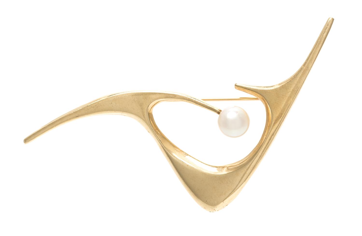 A Modernist Yellow Gold and Cultured Pearl Brooch, Ed Wiener, Circa 1957, 7.90 dwts.