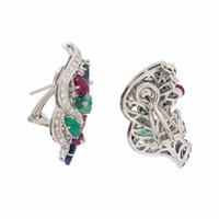 Emerald, Ruby, Sapphire, Diamond, and White Gold Earrings
