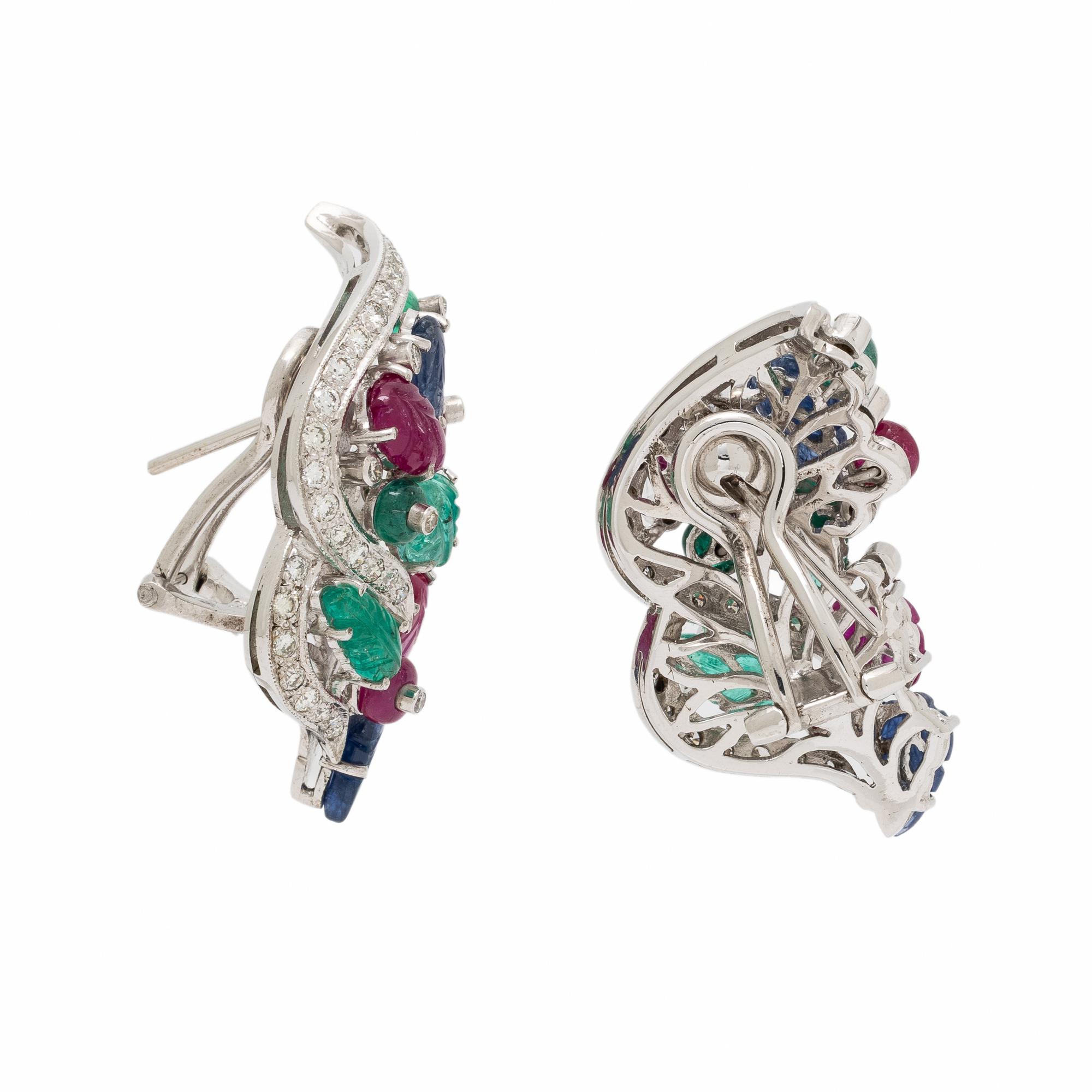 Emerald, Ruby, Sapphire, Diamond, and White Gold Earrings