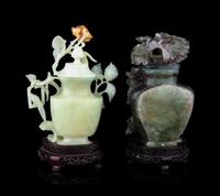 Two Chinese Jade and Hardstone Flower Vases and Covers