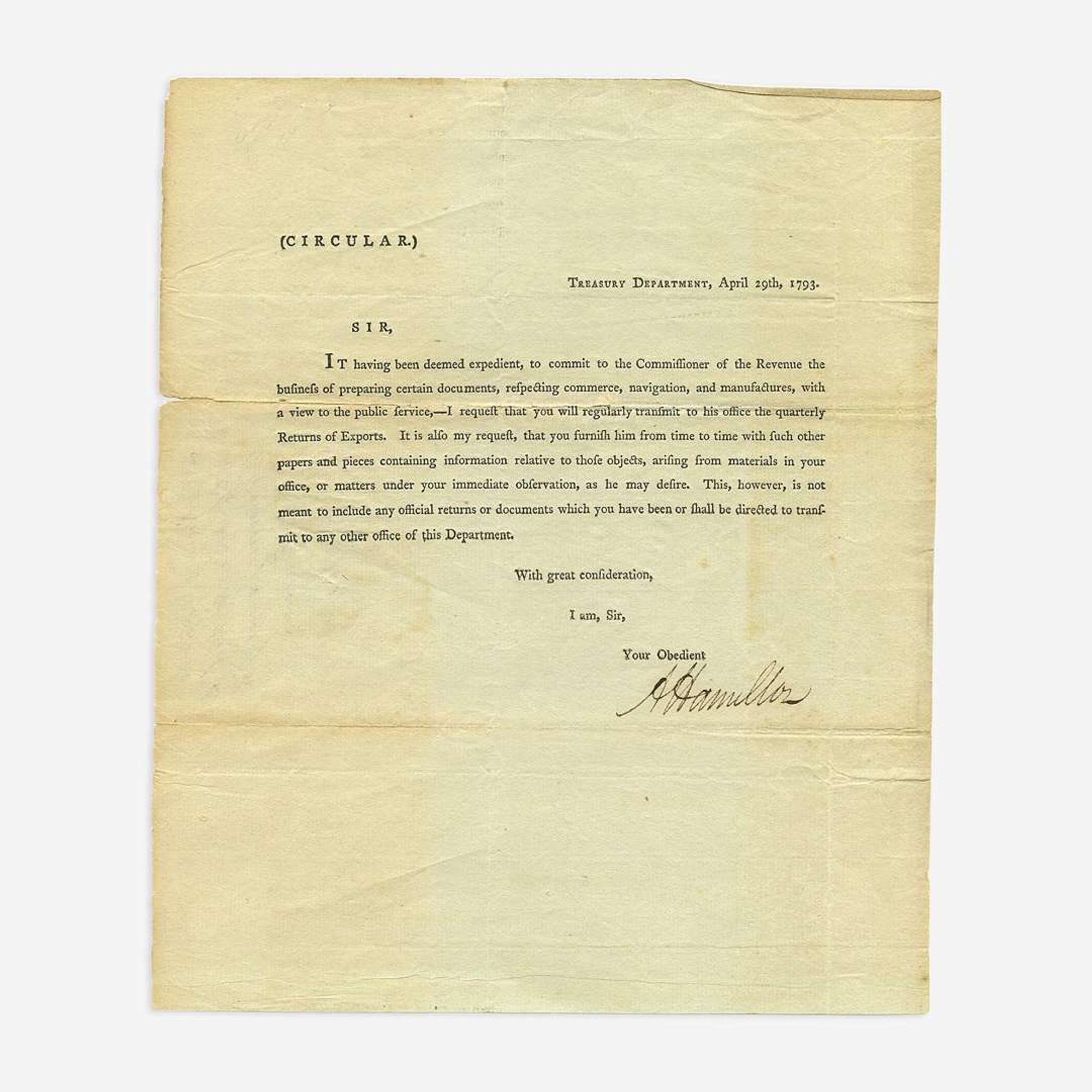 [Hamilton, Alexander] [Treasury Department] Printed Treasury Department Circular, signed