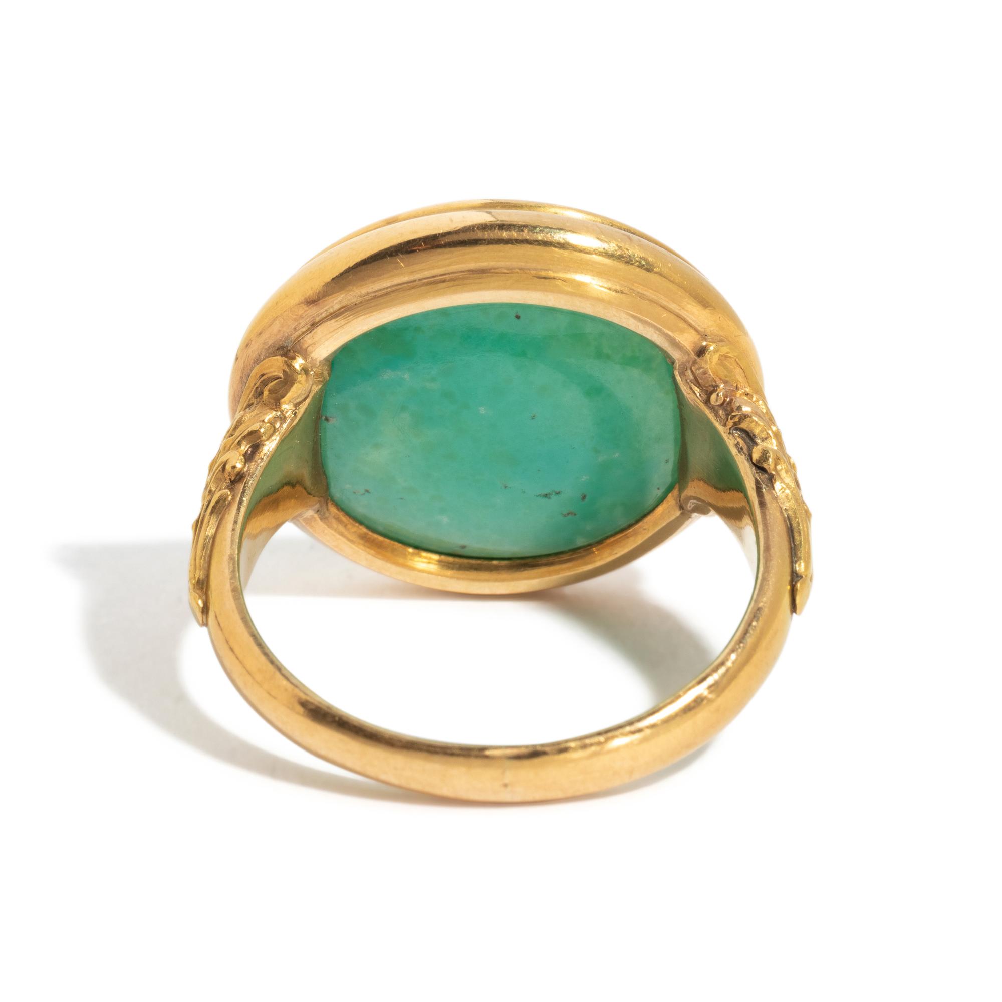A Neoclassical Amazonite and Gold Finger Ring with the God Eros Riding a Dolphin and a Greek Inscription