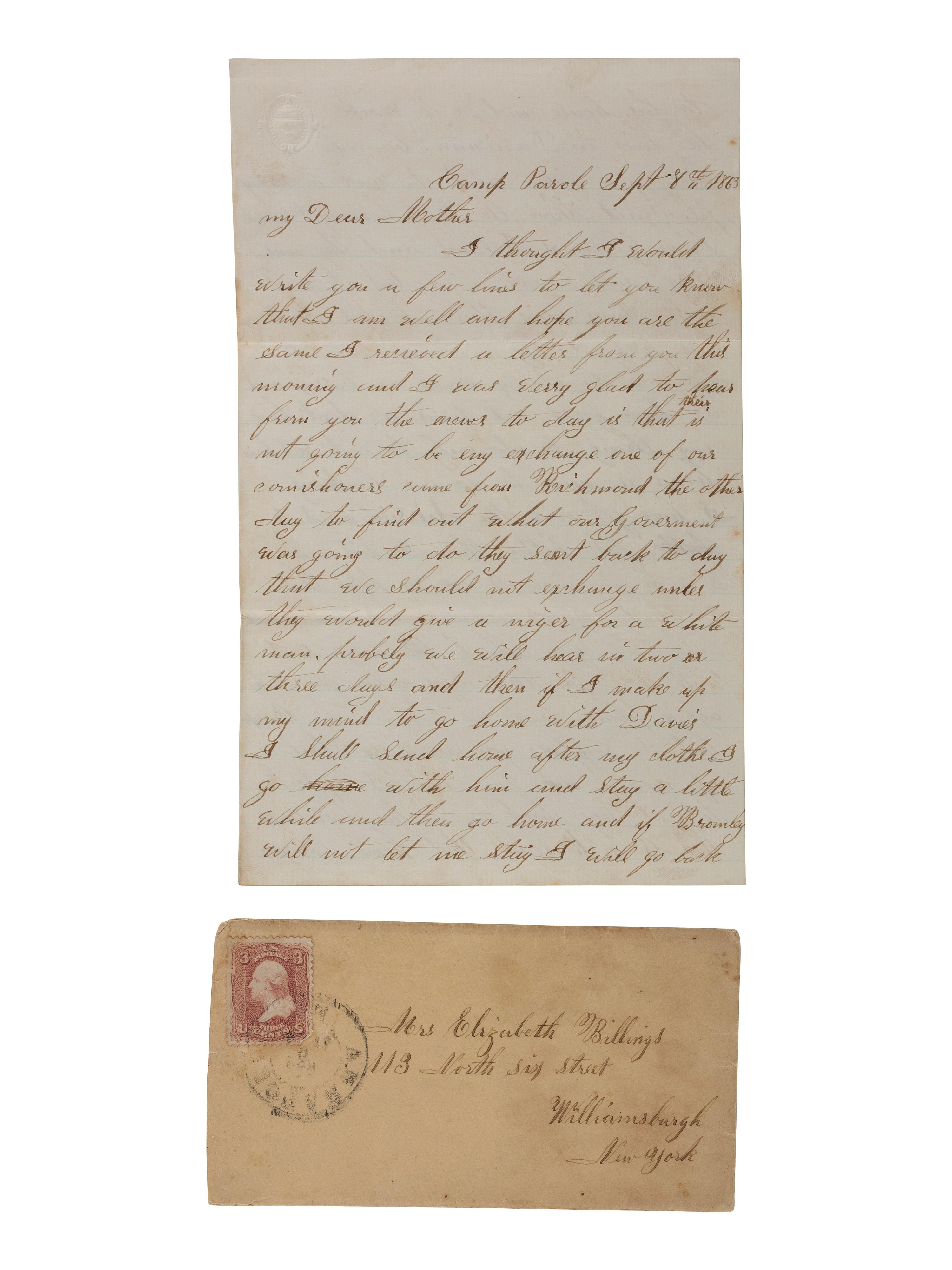 [CIVIL WAR]. Letter from Samuel D. Billings, Company F, 18th Connecticut Infantry, POW Winchester, VA. "Camp Parole," 8 September 1863.
