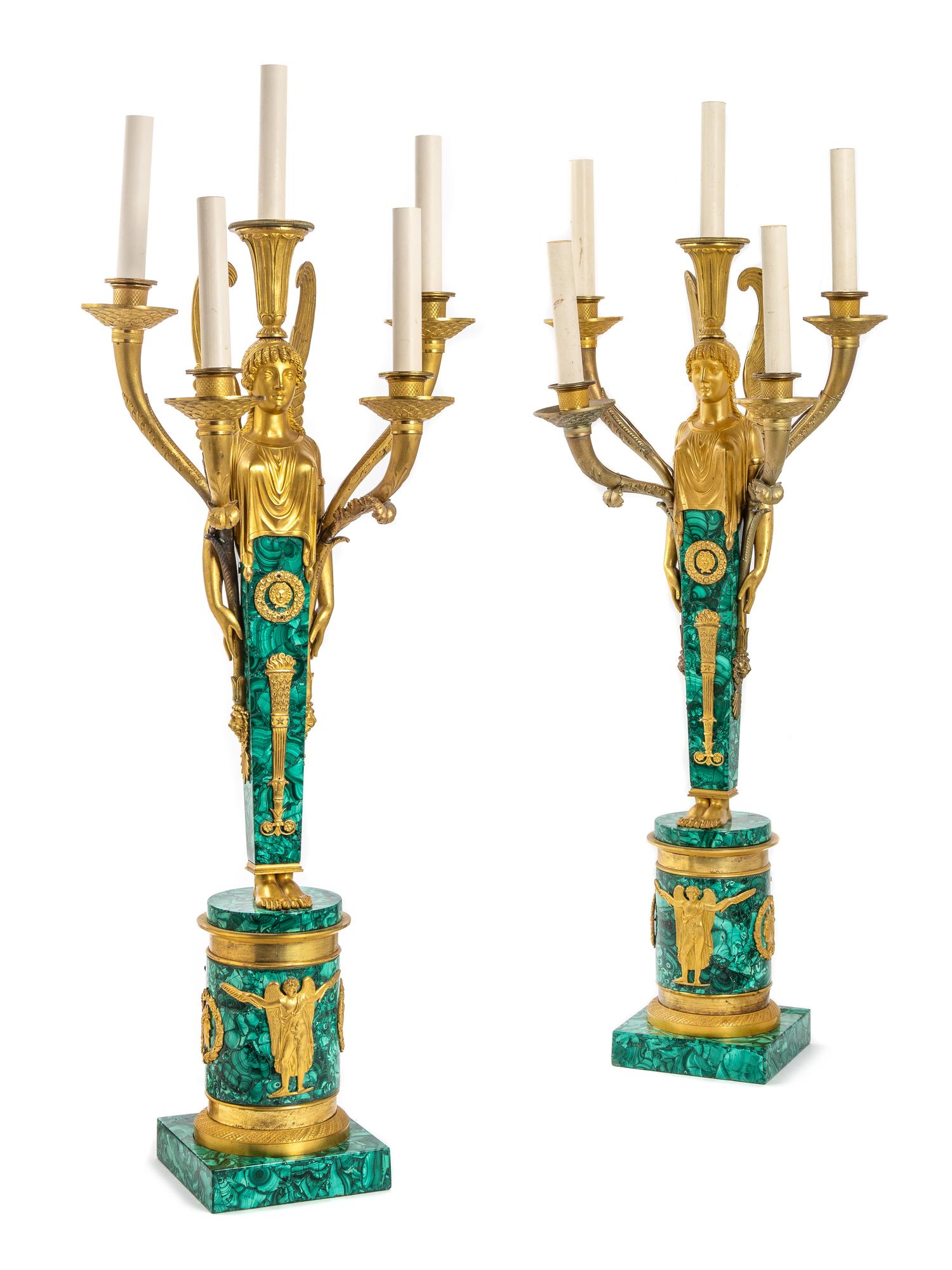 A Pair of Empire Style Gilt Bronze and Malachite Five-Light Candelabra Height 29 inches. — 19TH CENTURY