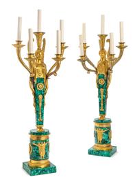 A Pair of Empire Style Gilt Bronze and Malachite Five-Light Candelabra Height 29 inches. — 19TH CENTURY