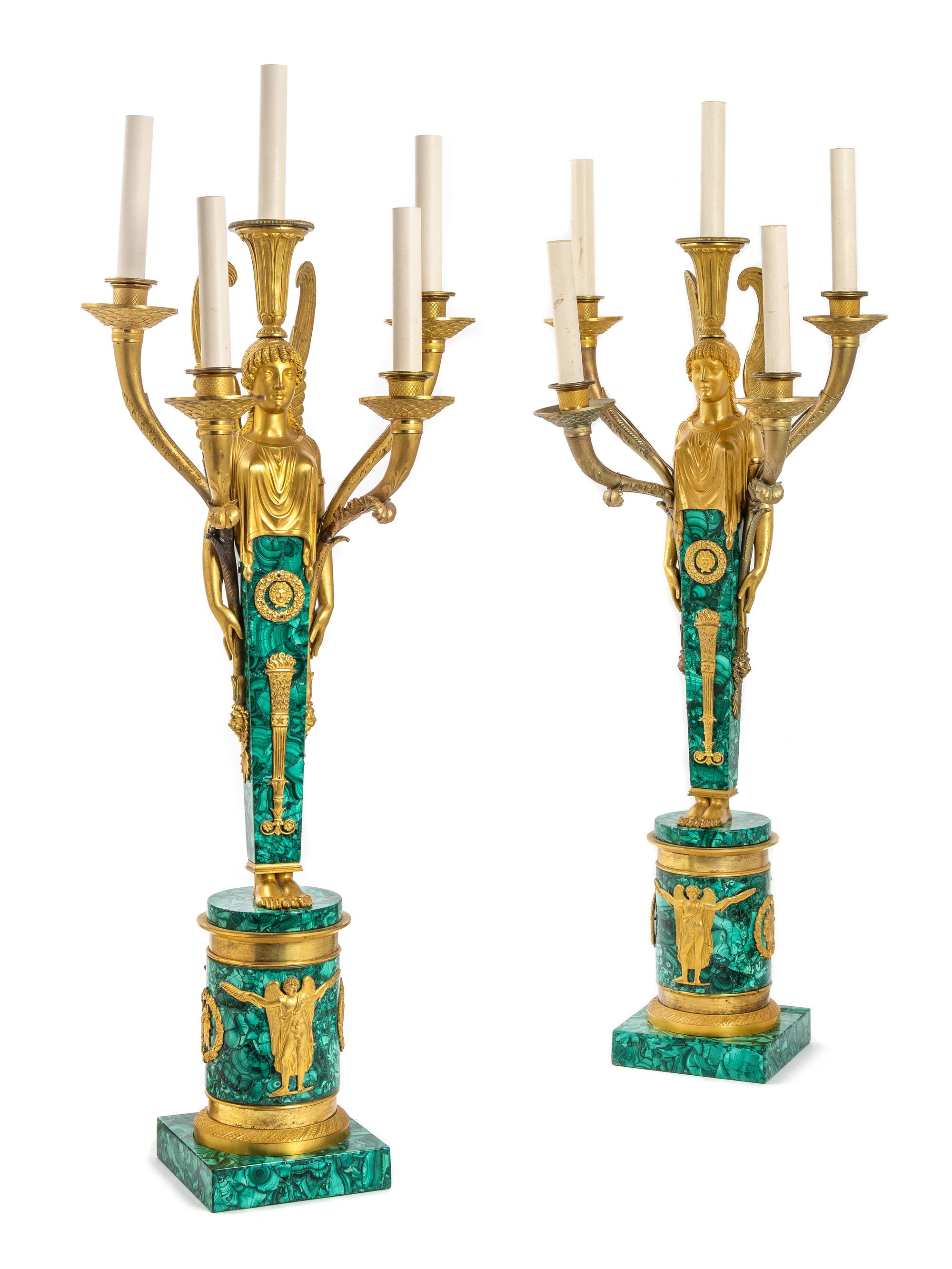 A Pair of Empire Style Gilt Bronze and Malachite Five-Light Candelabra Height 29 inches. — 19TH CENTURY
