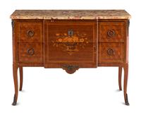 A Louis XV/XVI Transitional Style Marquetry Marble-Top Commode