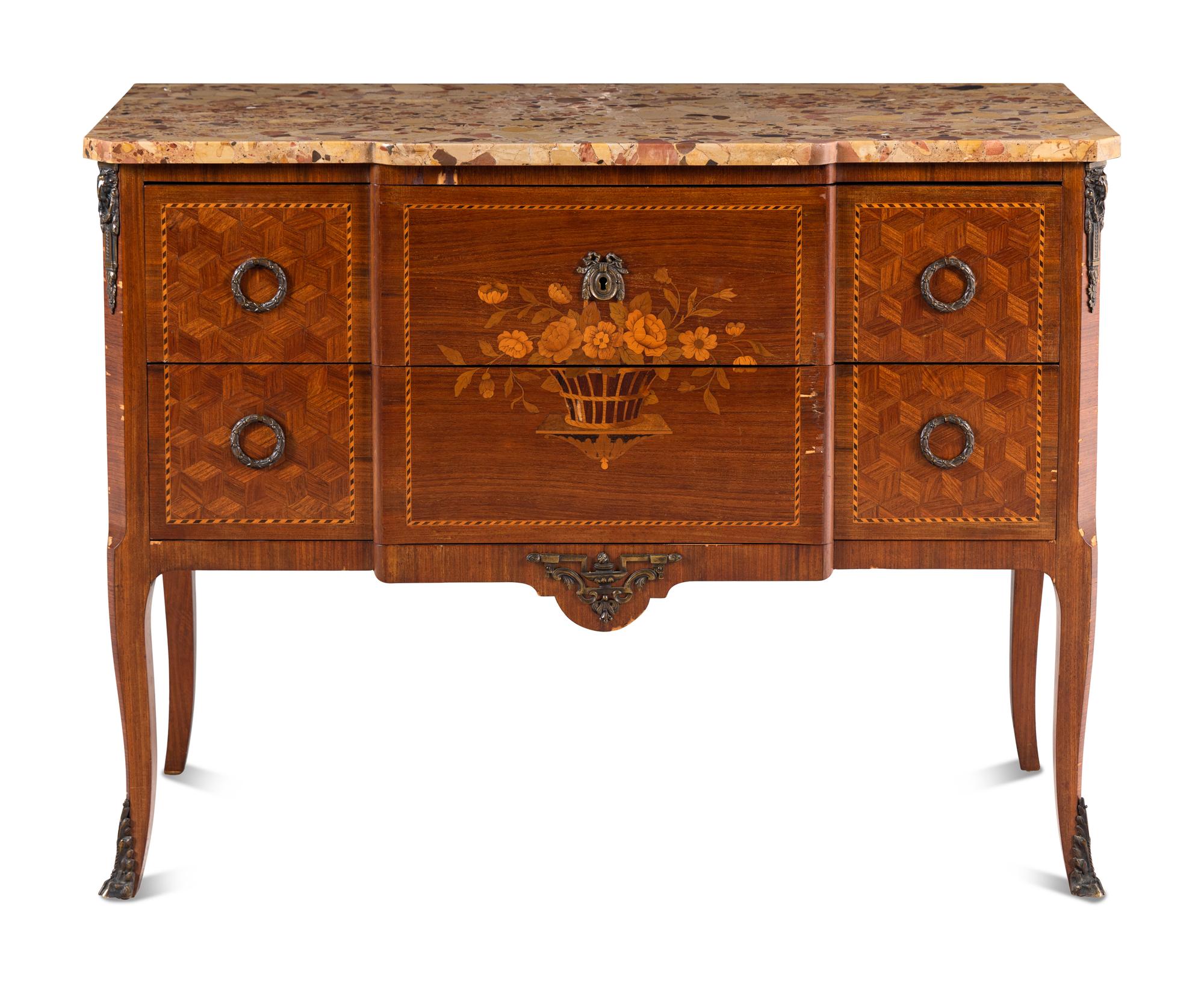 A Louis XV/XVI Transitional Style Marquetry Marble-Top Commode