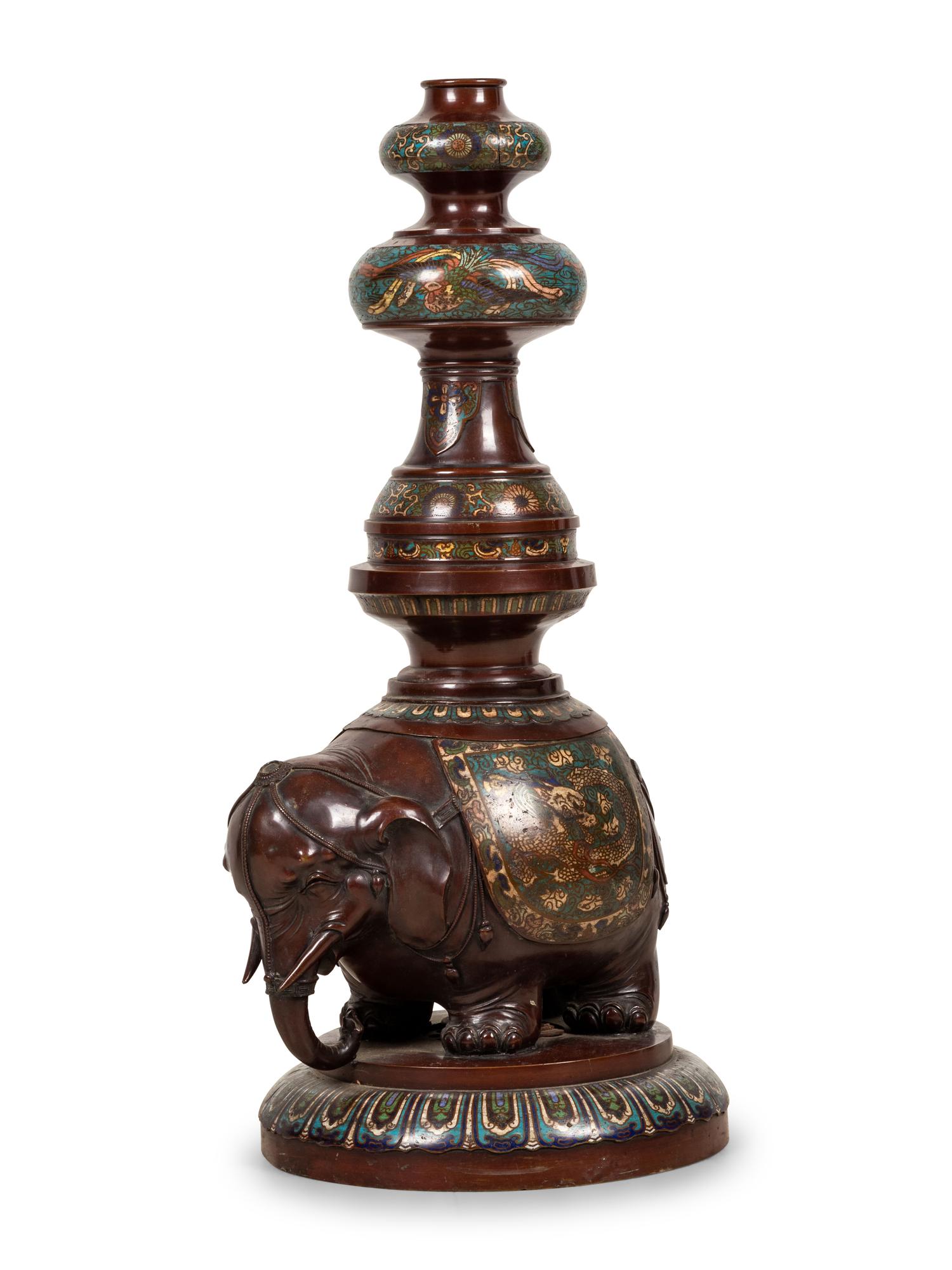 A Large Japanese Champlevé and Bronze Candle Holder
