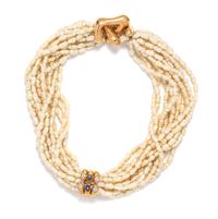 CULTURED BIWA PEARL, SAPPHIRE AND DIAMOND NECKLACE