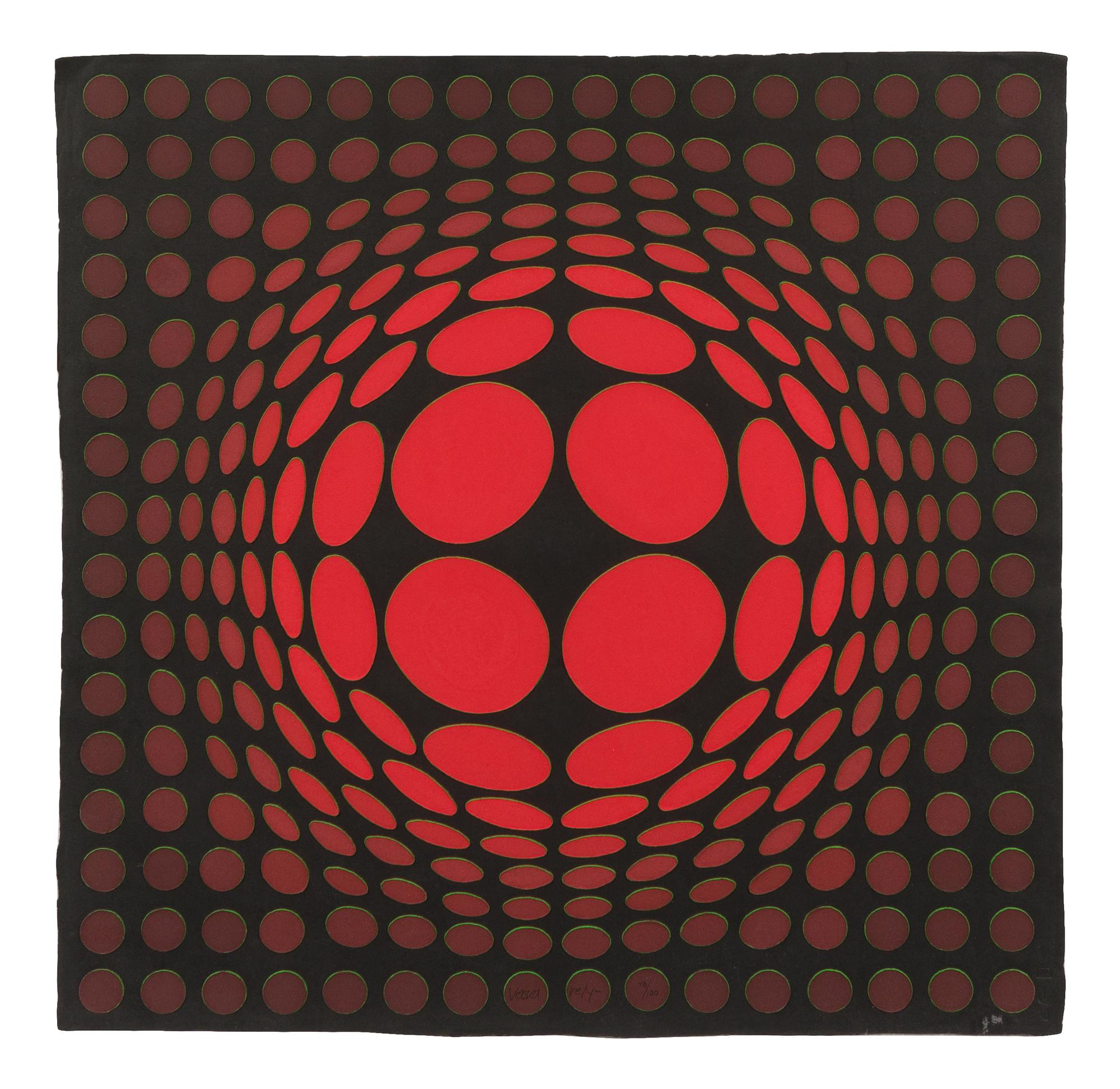Victor Vasarely, (French/Hungarian, 1908-1997), Sinlag Red and Green on Black together with Frank Gallo made original mold