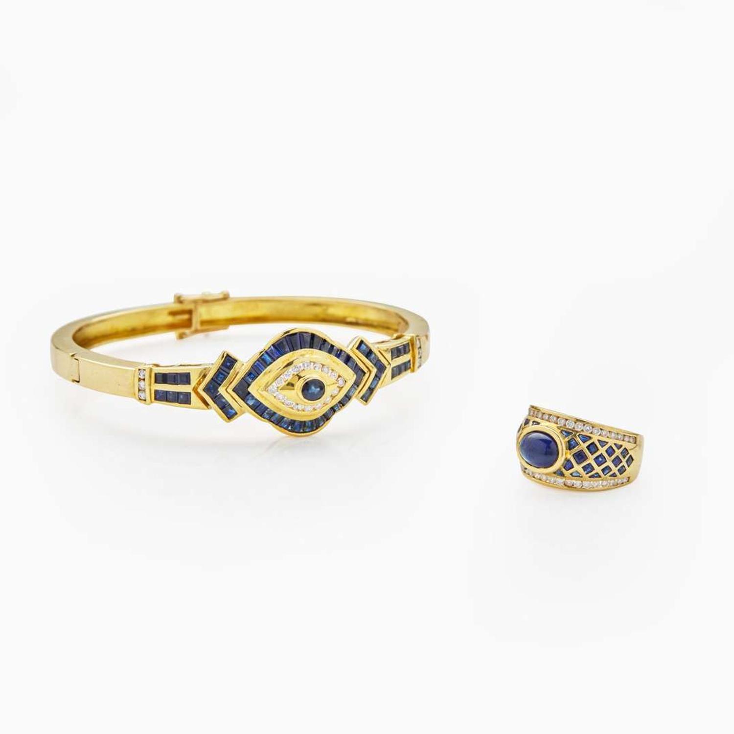 A Set of 18K Yellow Gold, Sapphire, and Diamond Bracelet and Ring