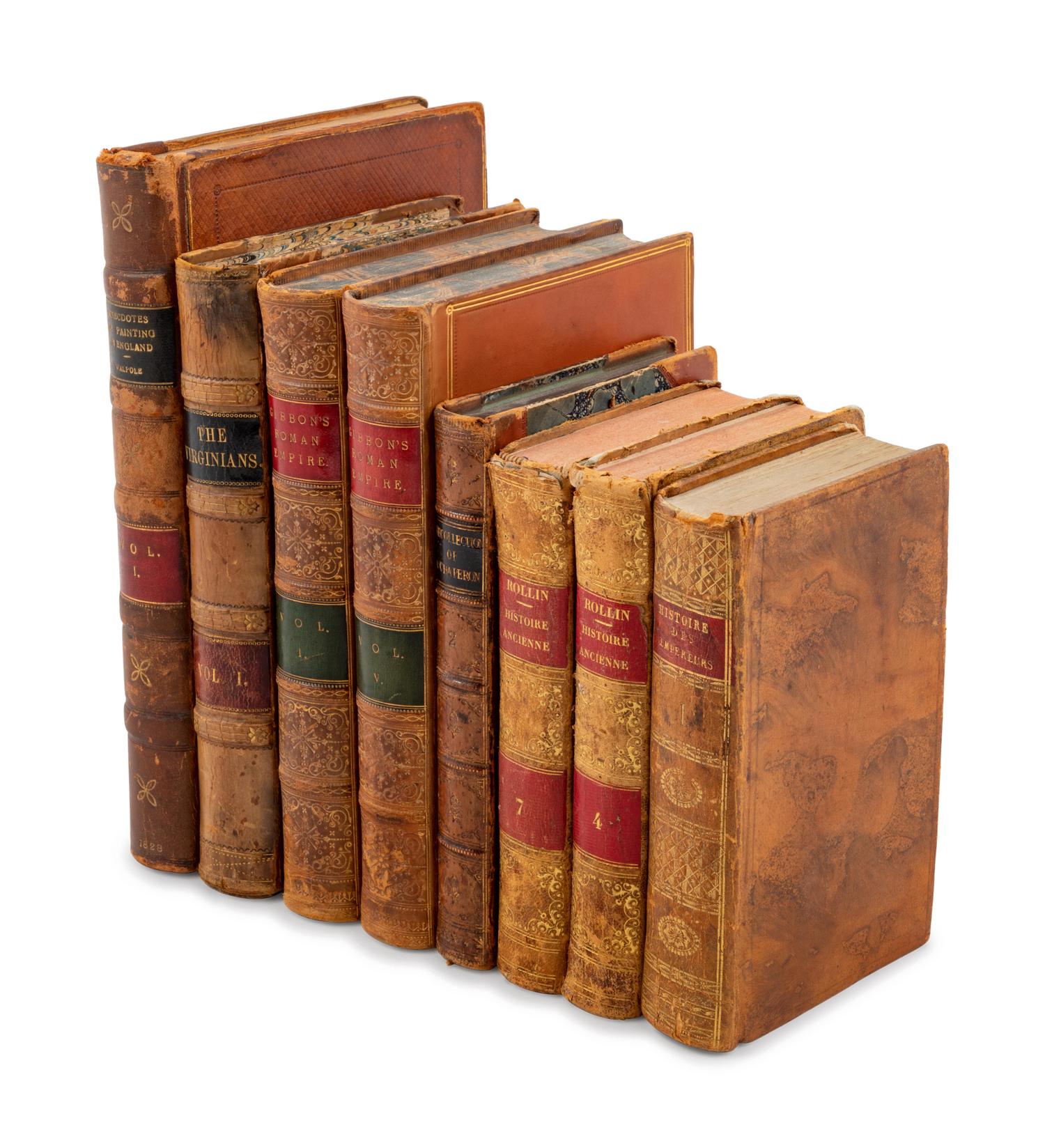 [LEATHER BINDINGS]. A group of 11 works in 31 volumes in 19th and 20th-century tan leather bindings, including: