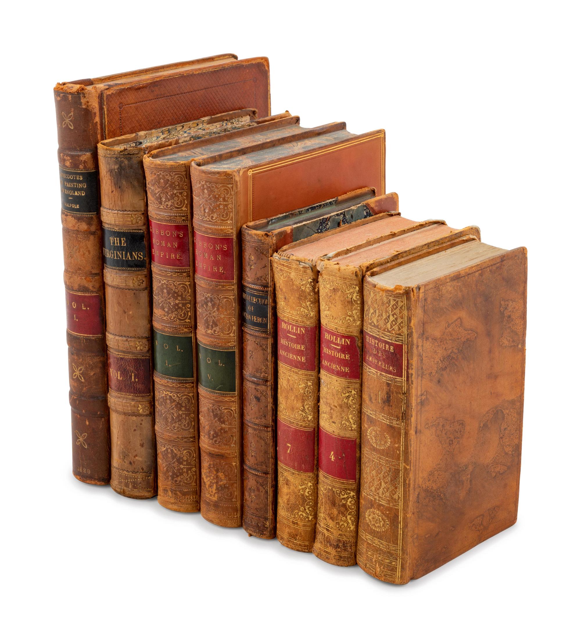 [LEATHER BINDINGS]. A group of 11 works in 31 volumes in 19th and 20th-century tan leather bindings, including: