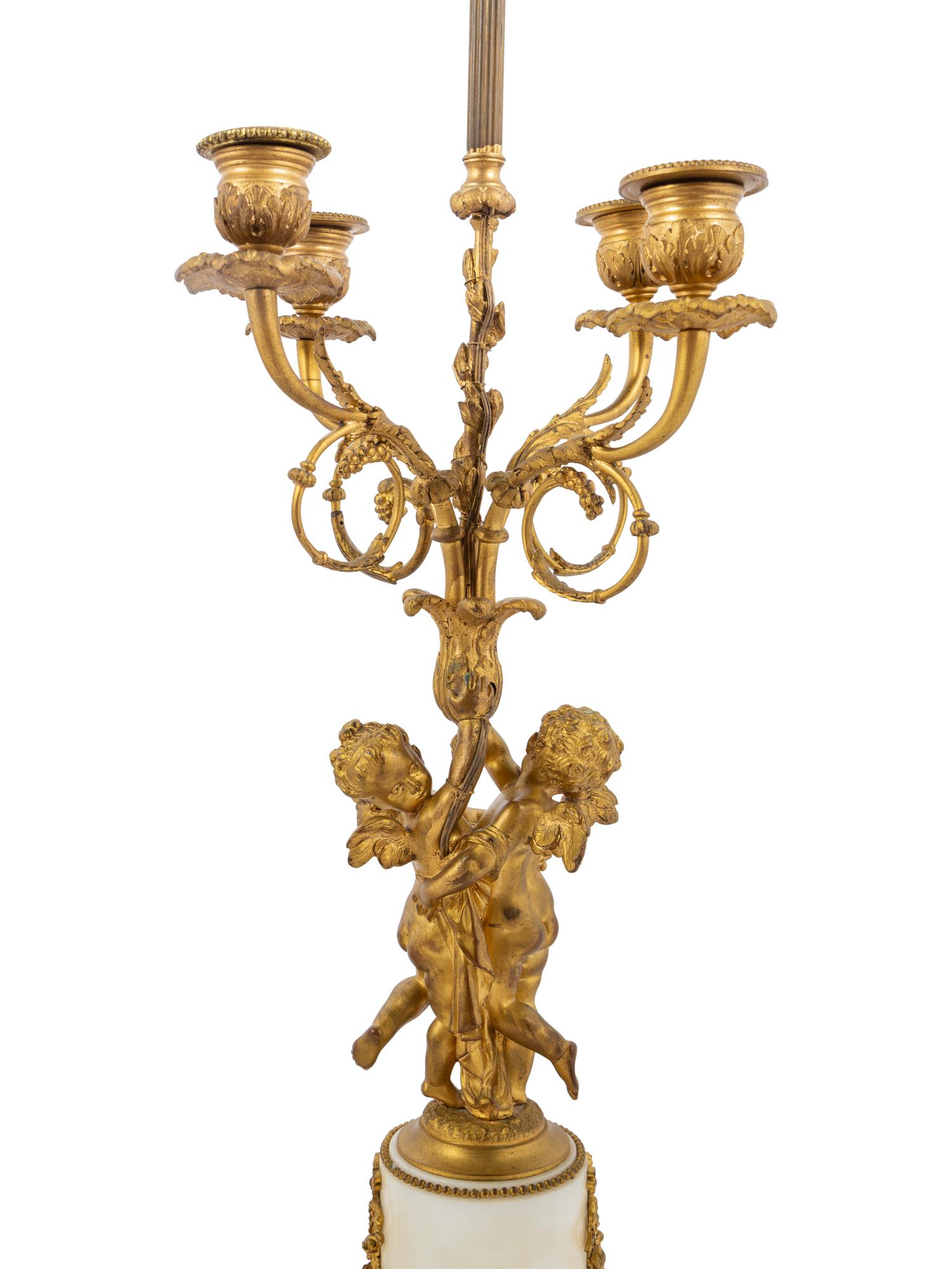 A Pair of French Gilt Bronze and Marble Candelabra Mounted as Lamps