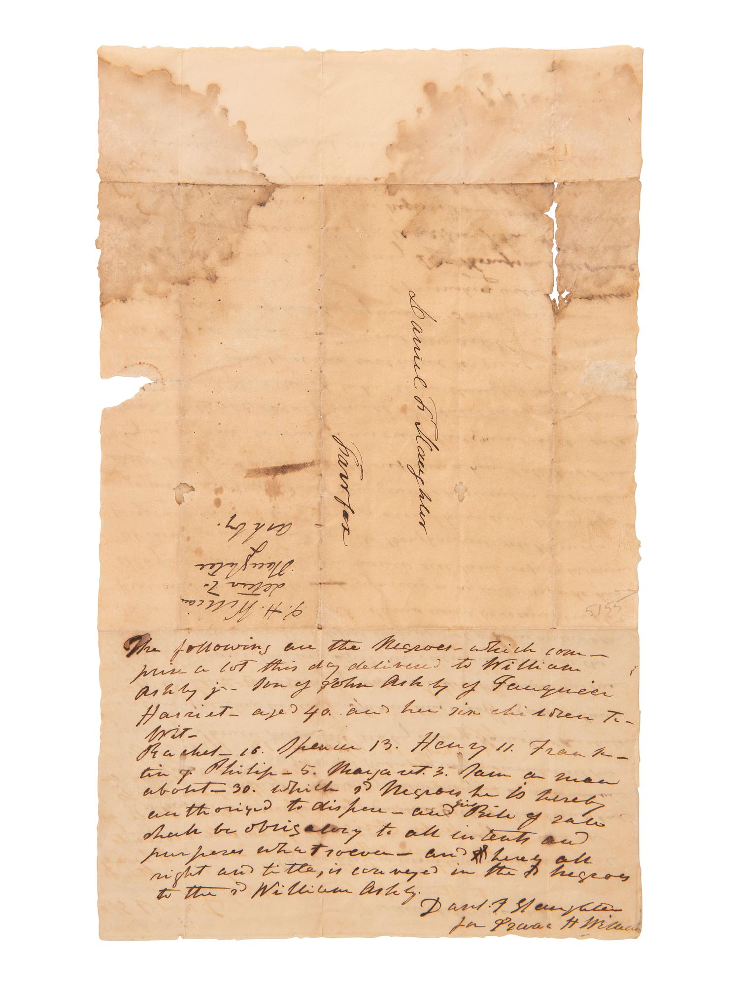 [SLAVERY]. Letter regarding the separation of enslaved wives and husbands at auction. 23 March 1826.