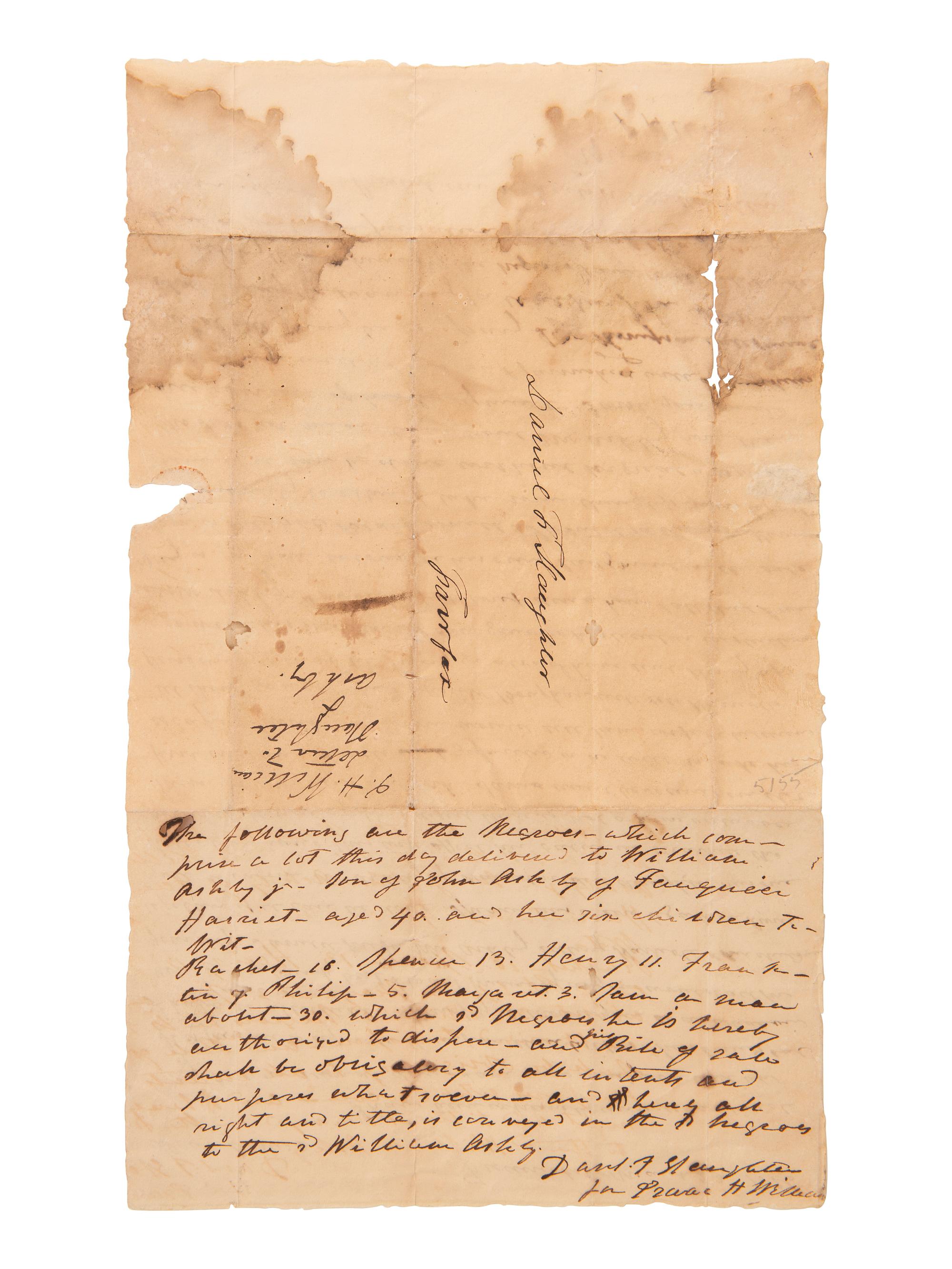 [SLAVERY]. Letter regarding the separation of enslaved wives and husbands at auction. 23 March 1826.