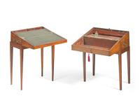 A group of four George III inlaid mahogany writing and document boxes on later stands, late 18th / early 19th century and later